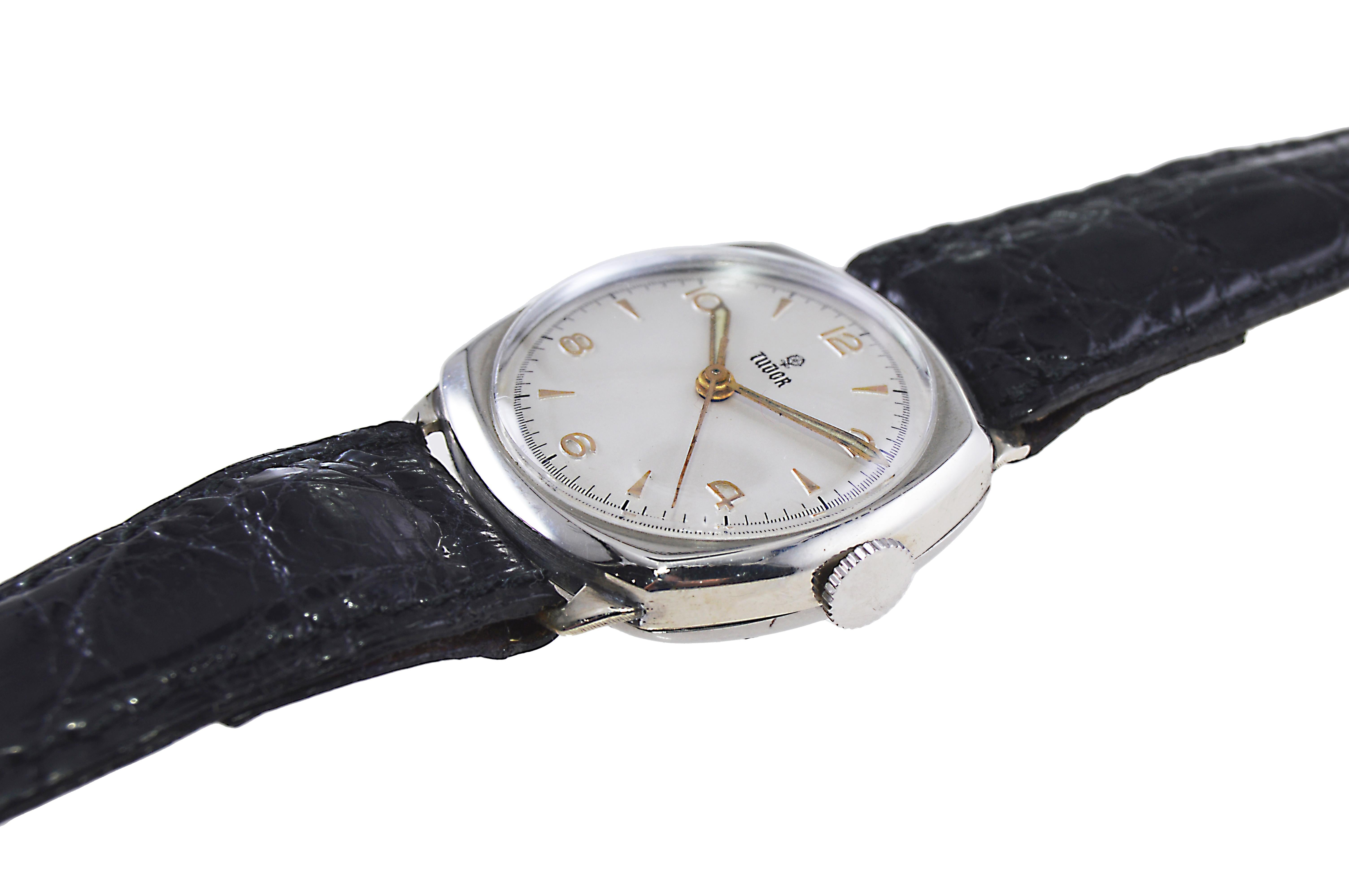Tudor Watch Company by Rolex Nickel Cushion Shaped Watch circa 1940's For Sale 1