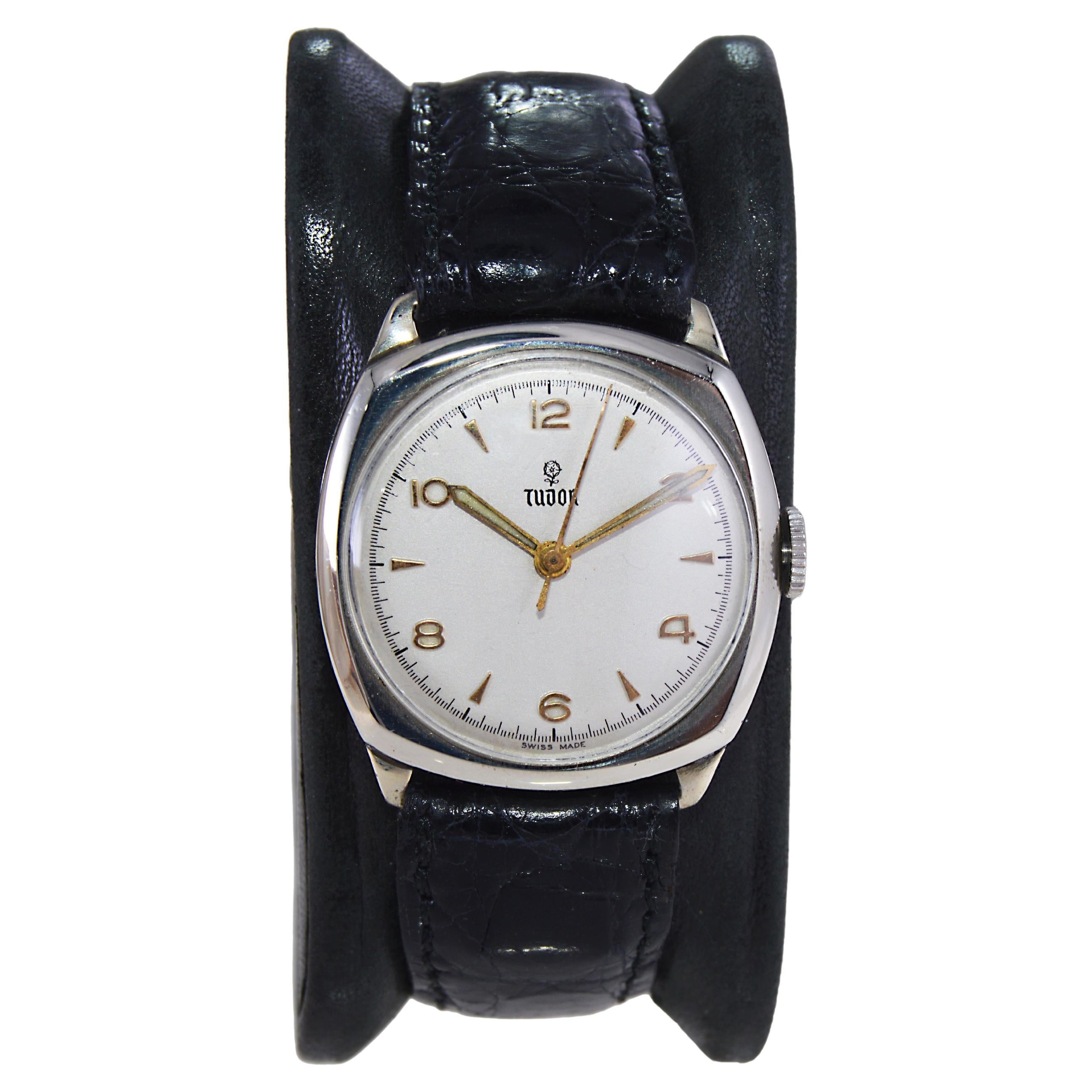 Tudor Watch Company by Rolex Nickel Cushion Shaped Watch circa 1940's For Sale