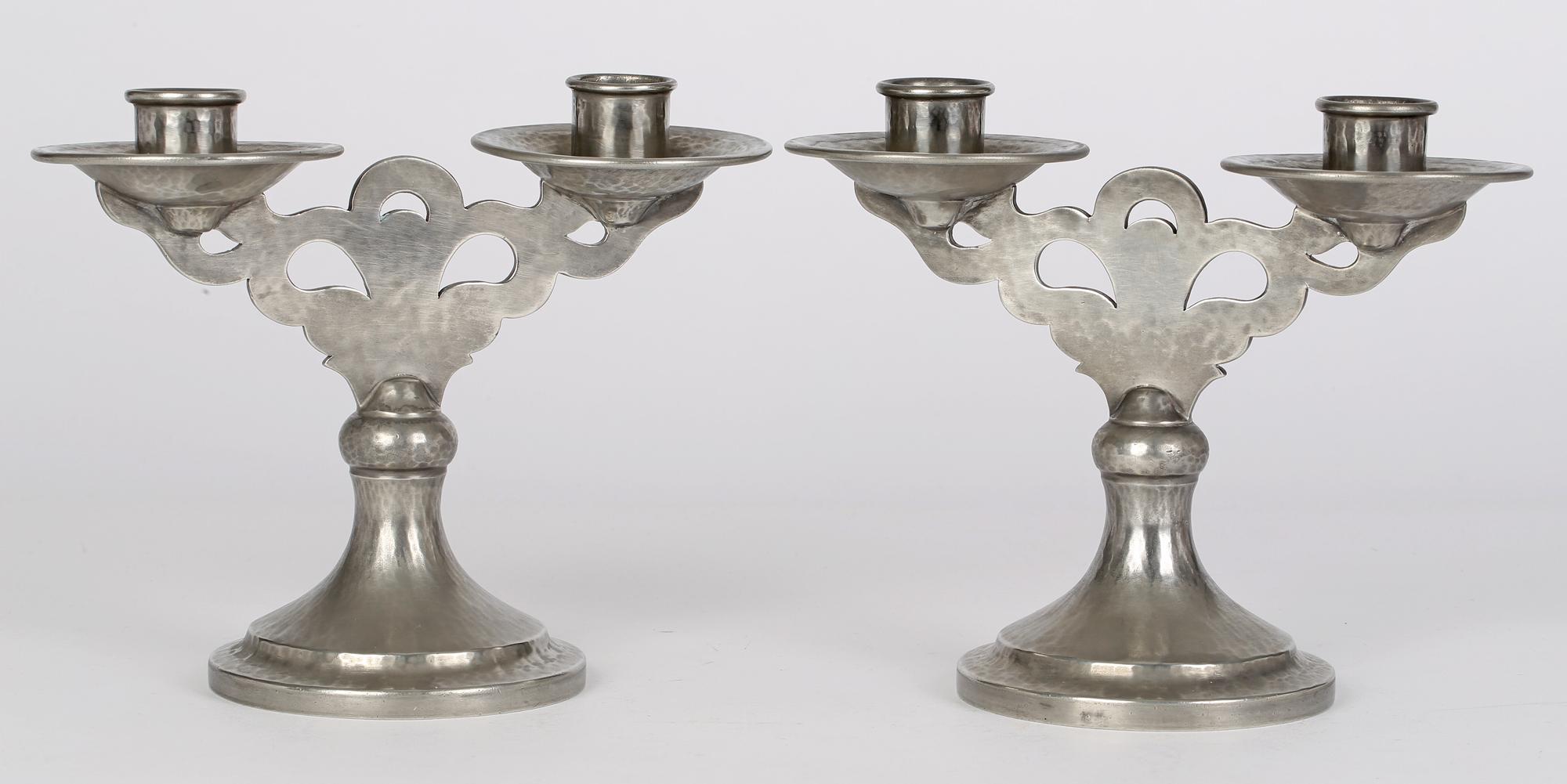 Tudric for Liberty & Co Arts & Crafts Pair Double Planished Pewter Candlesticks  3