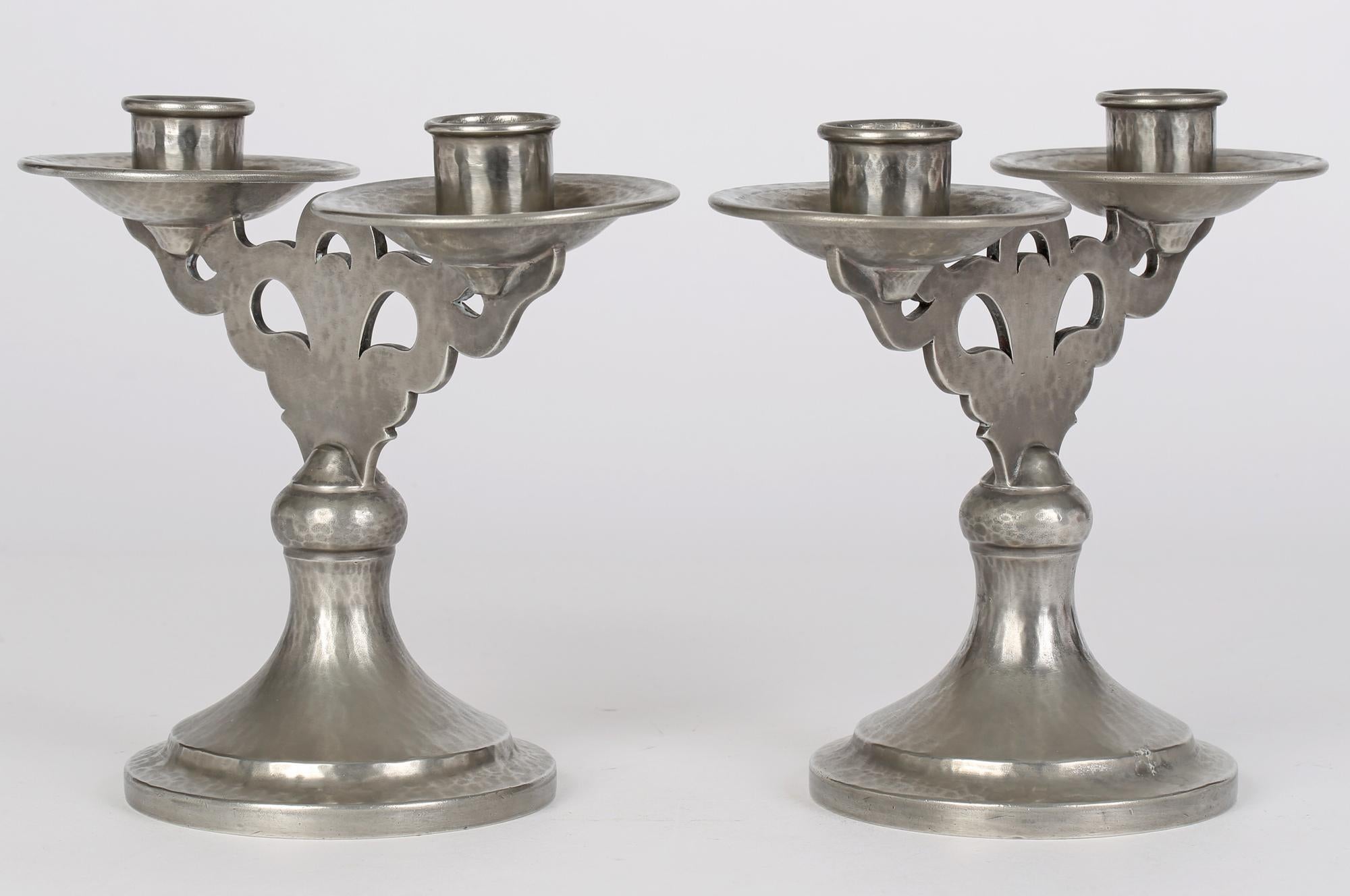 Tudric for Liberty & Co Arts & Crafts Pair Double Planished Pewter Candlesticks  4