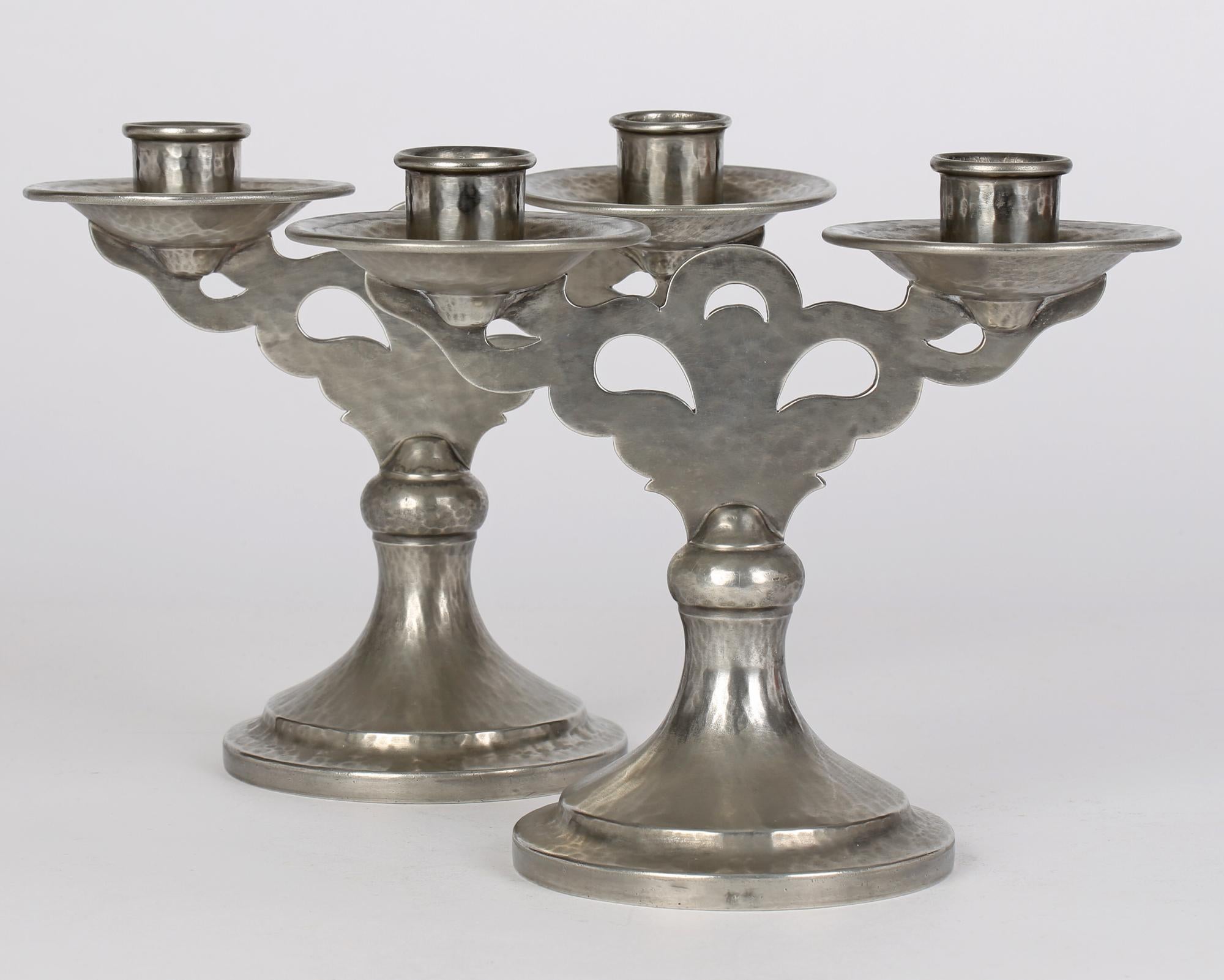 Tudric for Liberty & Co Arts & Crafts Pair Double Planished Pewter Candlesticks  6