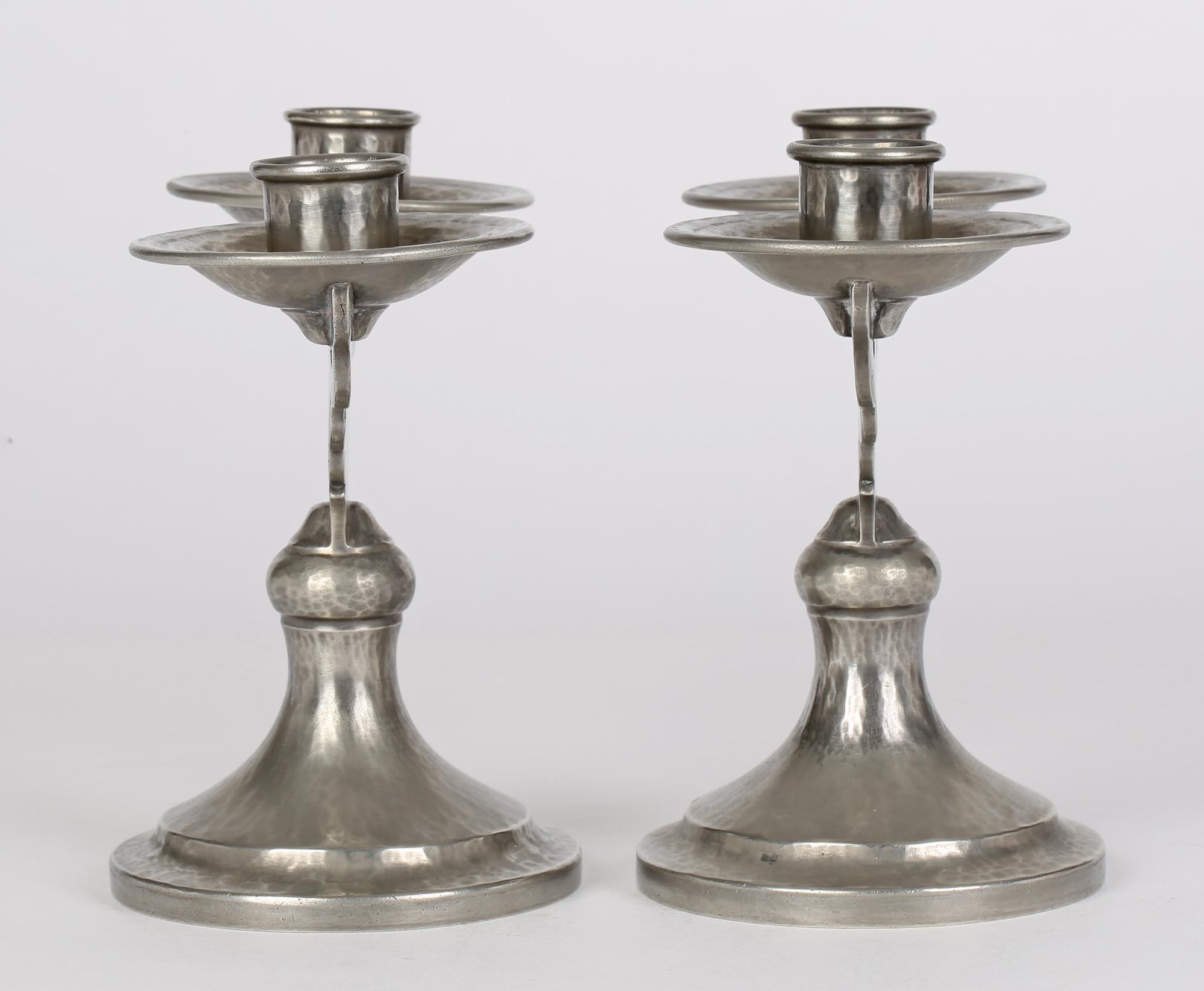 Tudric for Liberty & Co Arts & Crafts Pair Double Planished Pewter Candlesticks  8