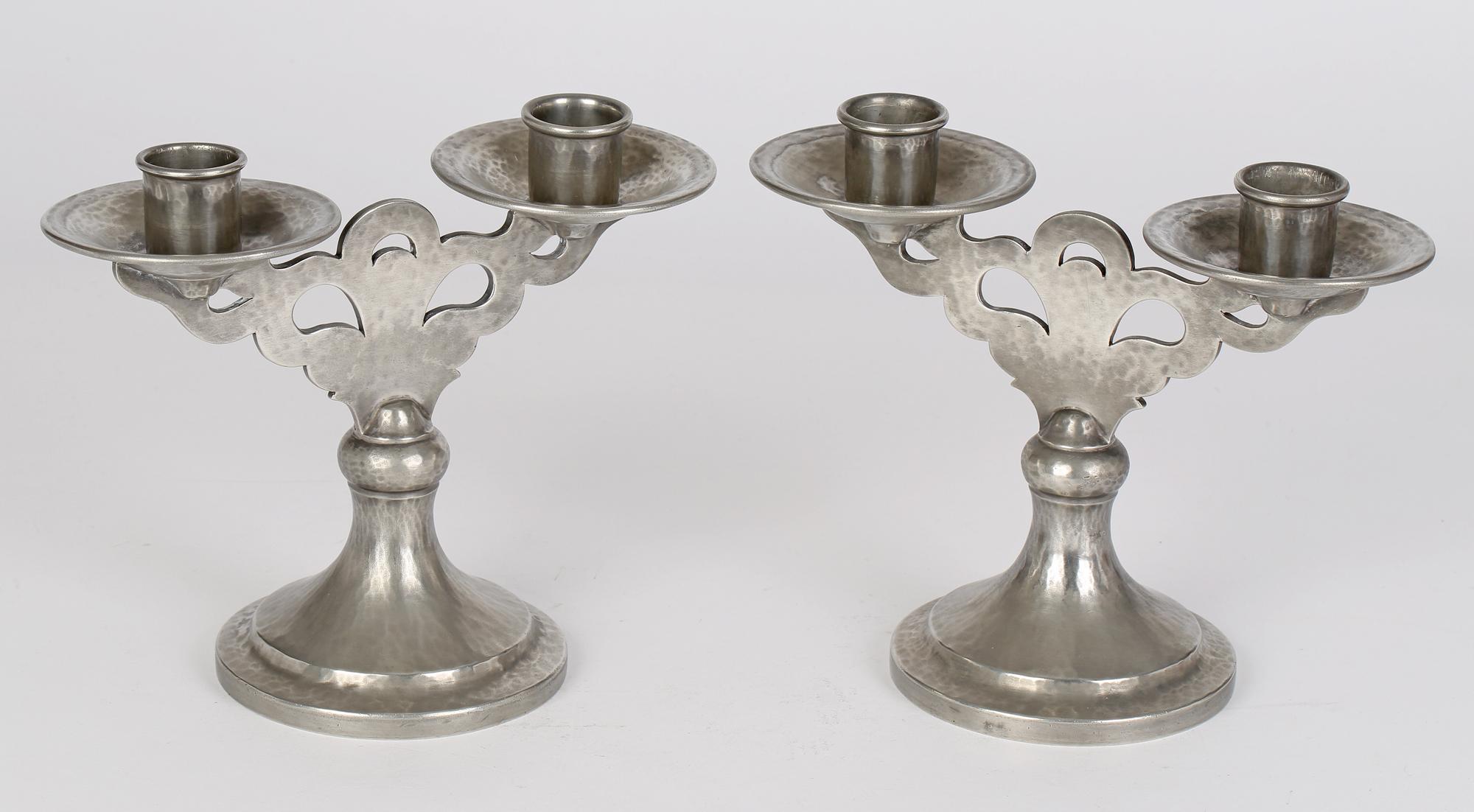 Tudric for Liberty & Co Arts & Crafts Pair Double Planished Pewter Candlesticks  10