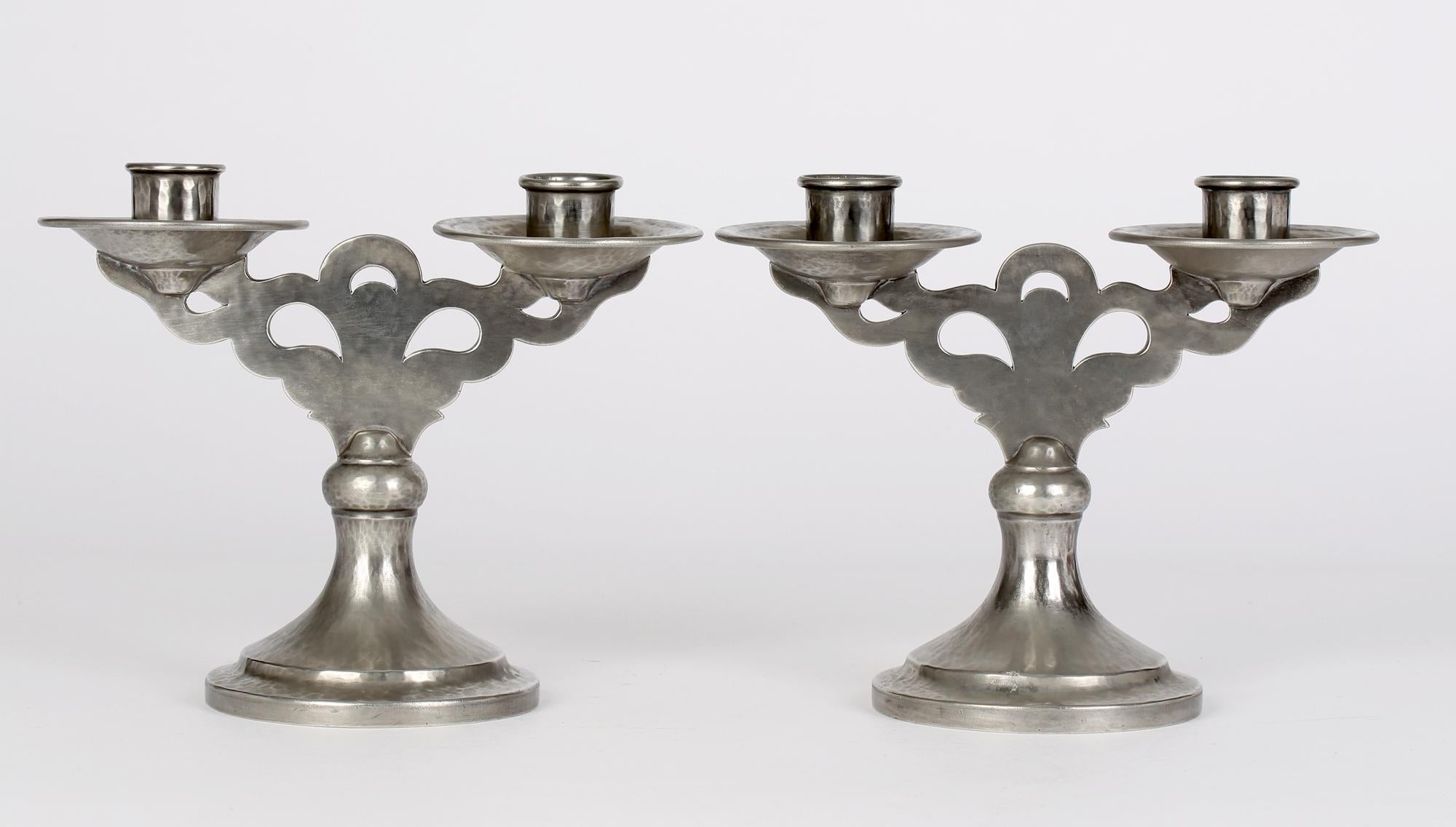 Tudric for Liberty & Co Arts & Crafts Pair Double Planished Pewter Candlesticks  13