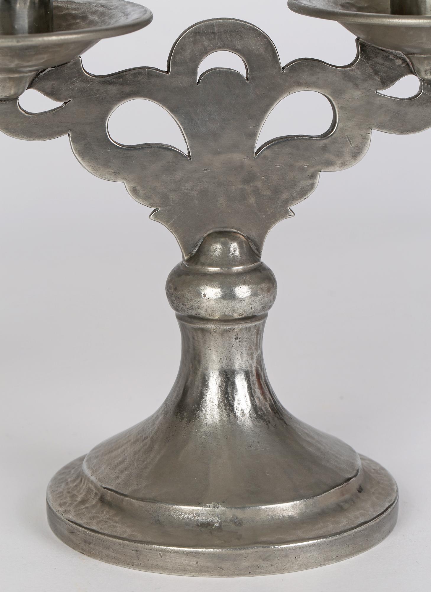 English Tudric for Liberty & Co Arts & Crafts Pair Double Planished Pewter Candlesticks 