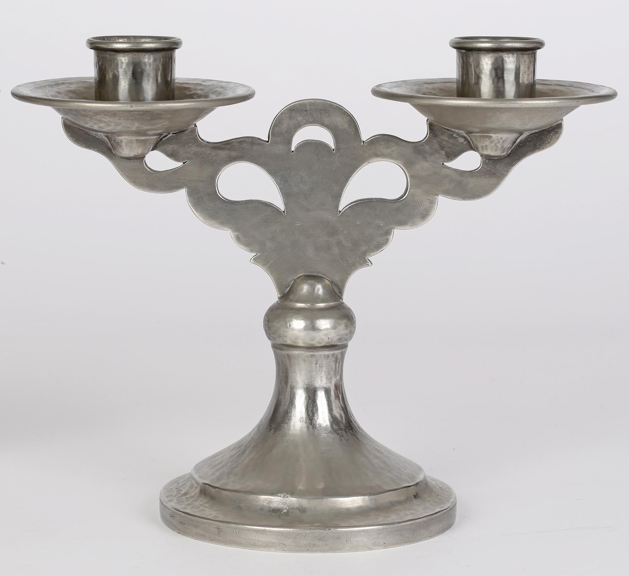 Early 20th Century Tudric for Liberty & Co Arts & Crafts Pair Double Planished Pewter Candlesticks 