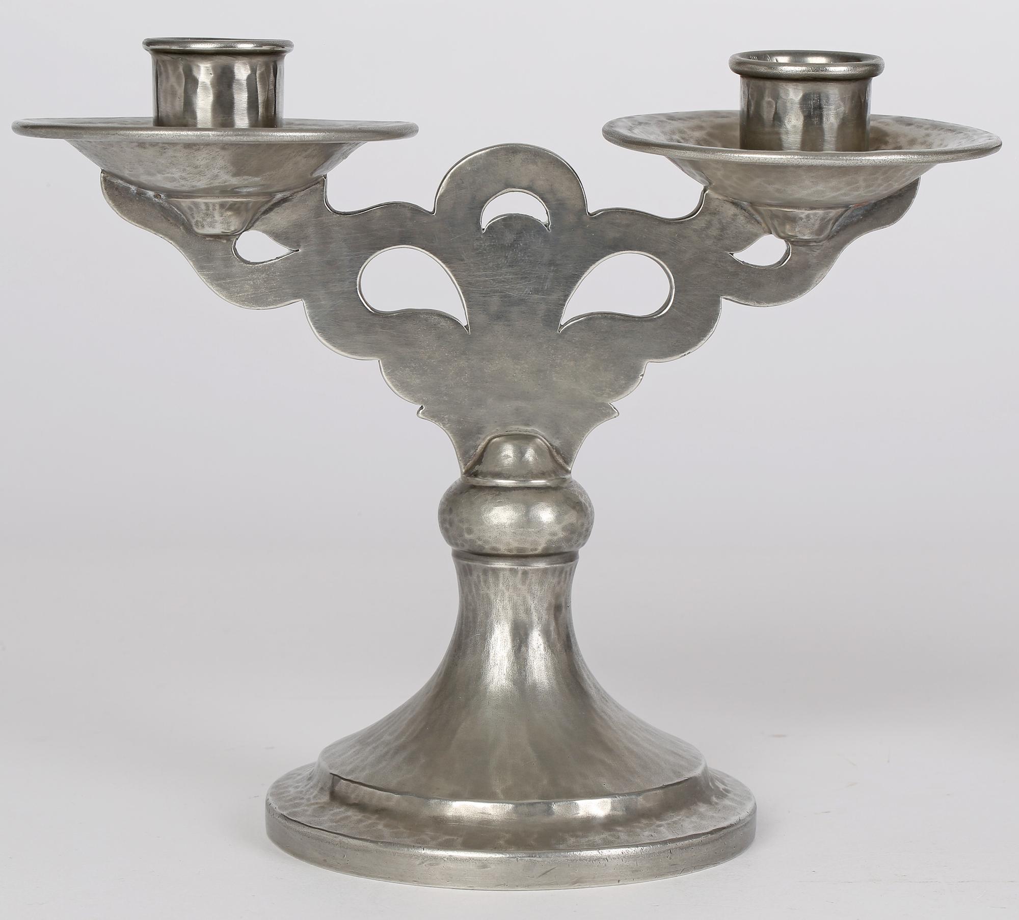 Tudric for Liberty & Co Arts & Crafts Pair Double Planished Pewter Candlesticks  2