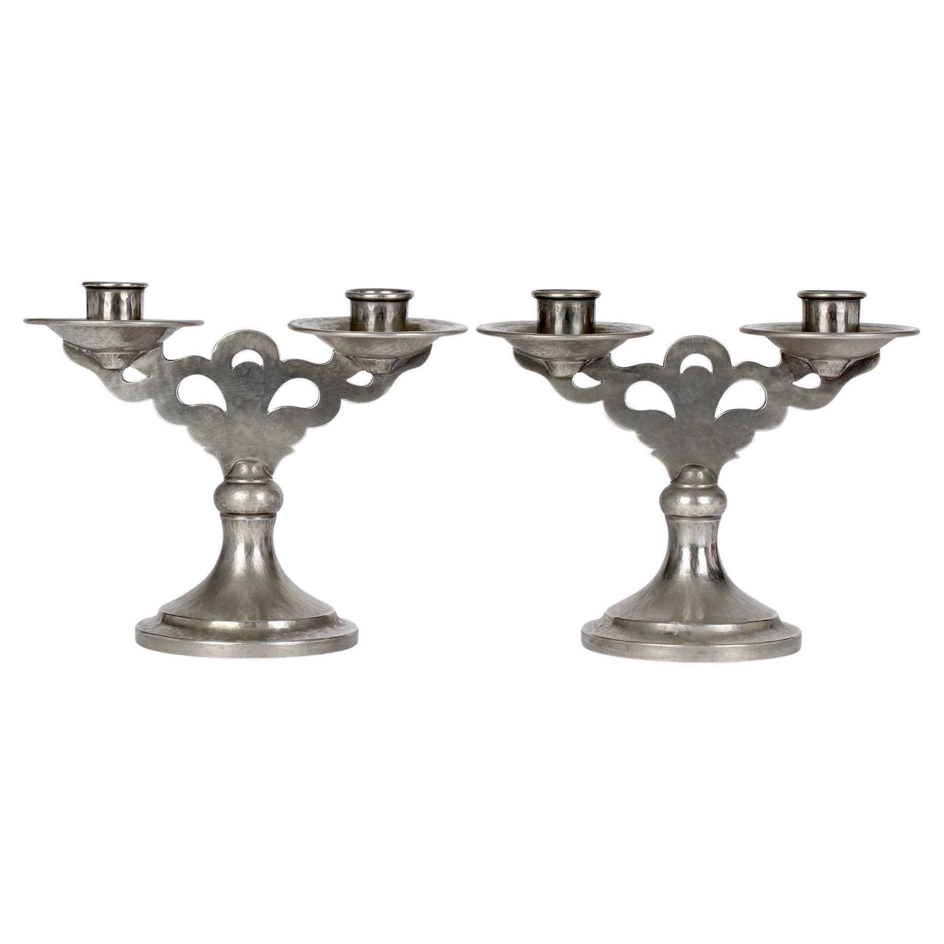 Tudric for Liberty & Co Arts & Crafts Pair Double Planished Pewter Candlesticks 