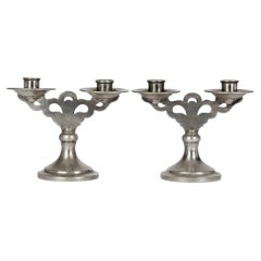 Tudric for Liberty & Co Arts & Crafts Pair Double Planished Pewter Candlesticks 