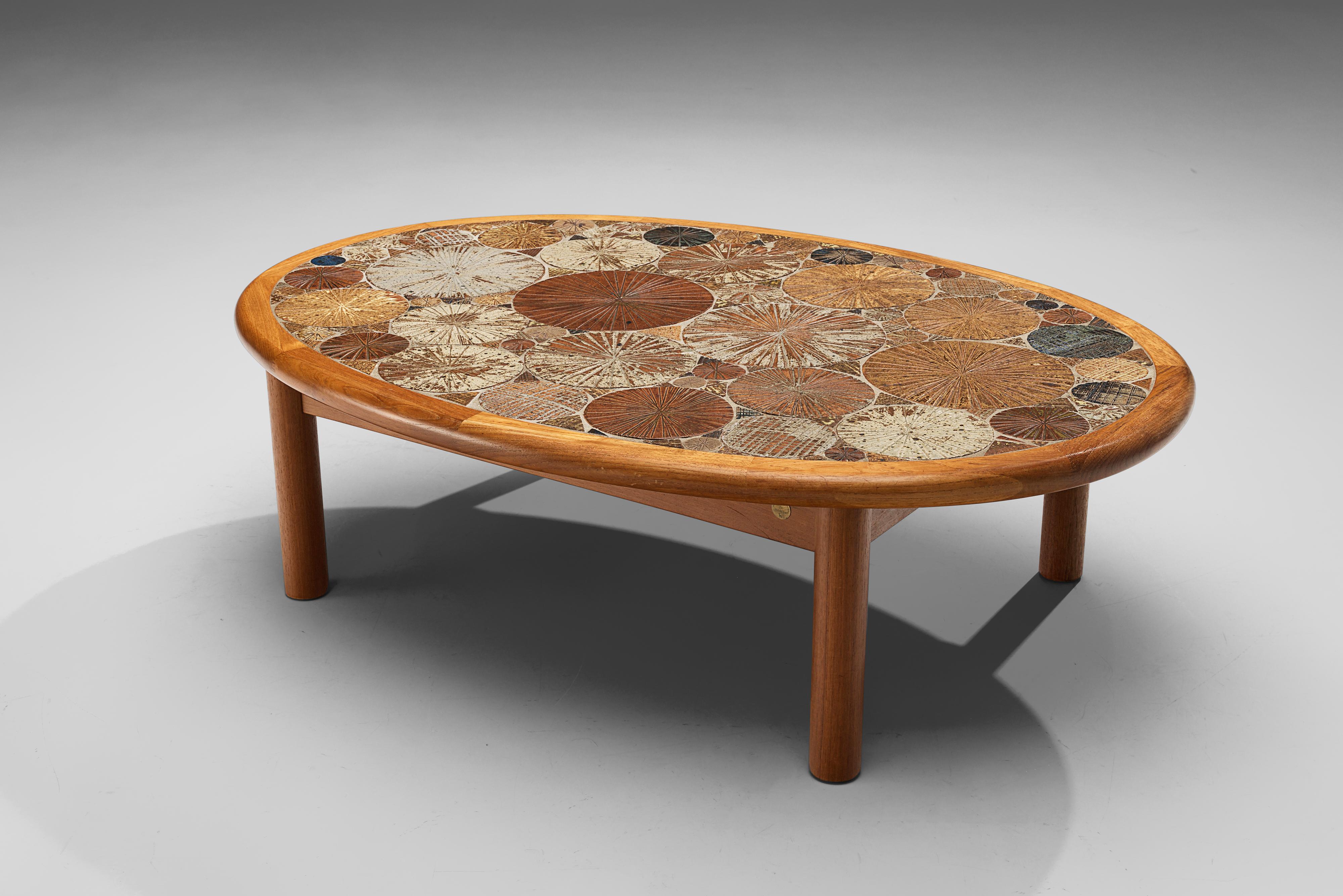 Tue Poulsen for Haslev Møbelsnedkeri, coffee table, ceramics, teak, Denmark, 1963.

This coffee table with a top with ceramic tile inlay is the ultimate symbioses between art and furniture. Multi-color tiles were handmade by Tue Poulsen. The