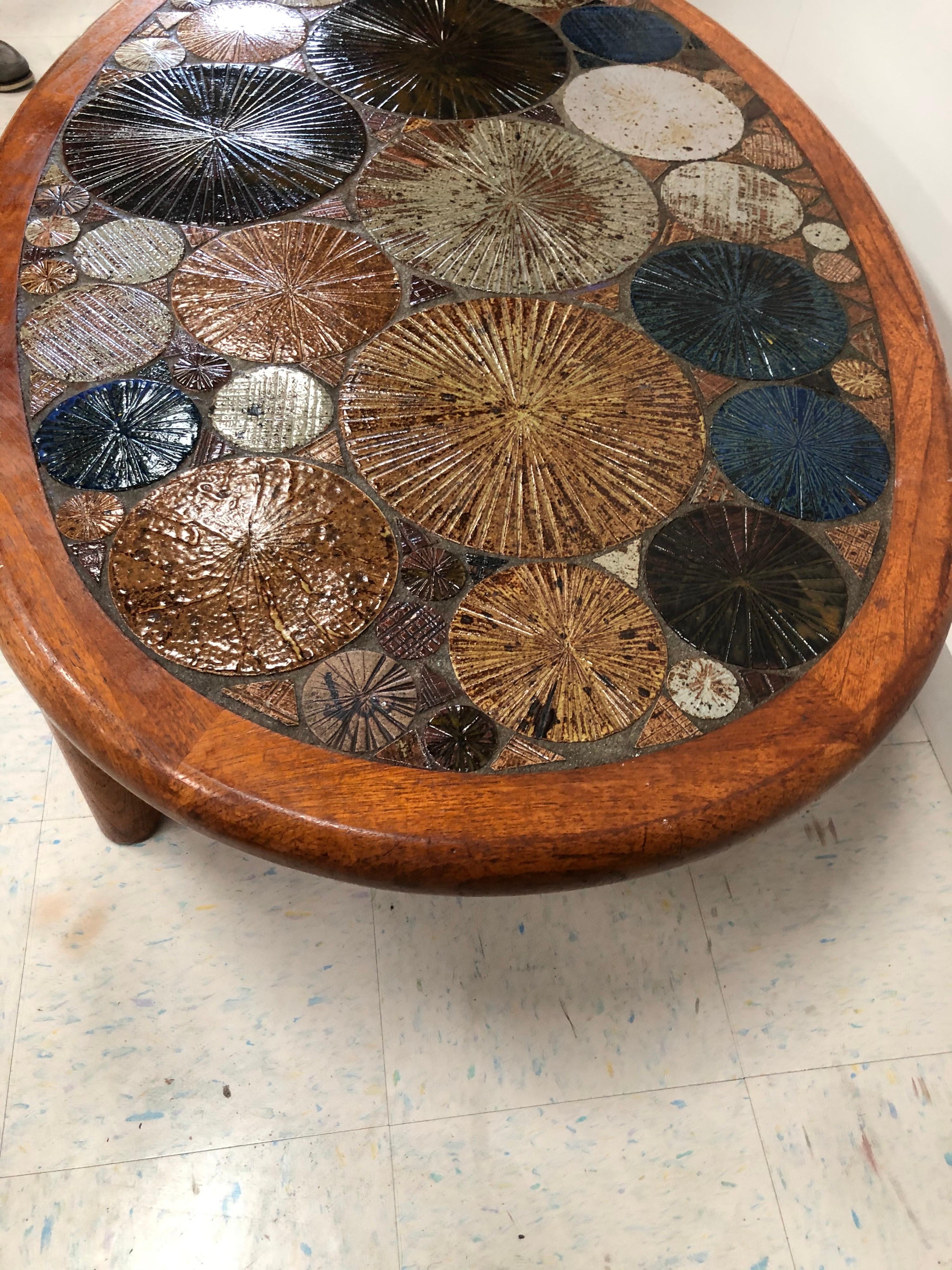 Danish Tue Poulsen Haslev Denmark Oval Teak and Ceramic Art Coffee Table, 1960s