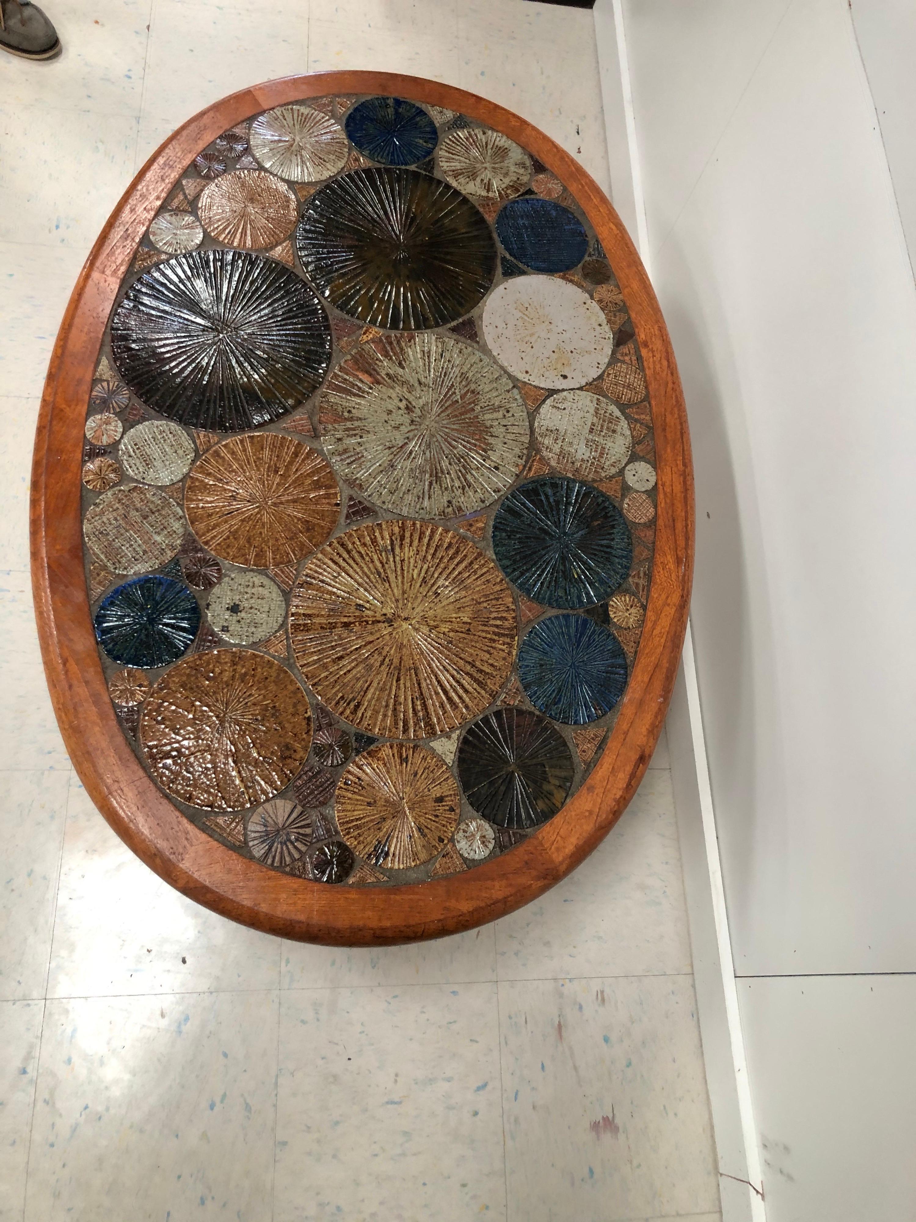 Tue Poulsen Haslev Denmark Oval Teak and Ceramic Art Coffee Table, 1960s In Good Condition In Miami, FL