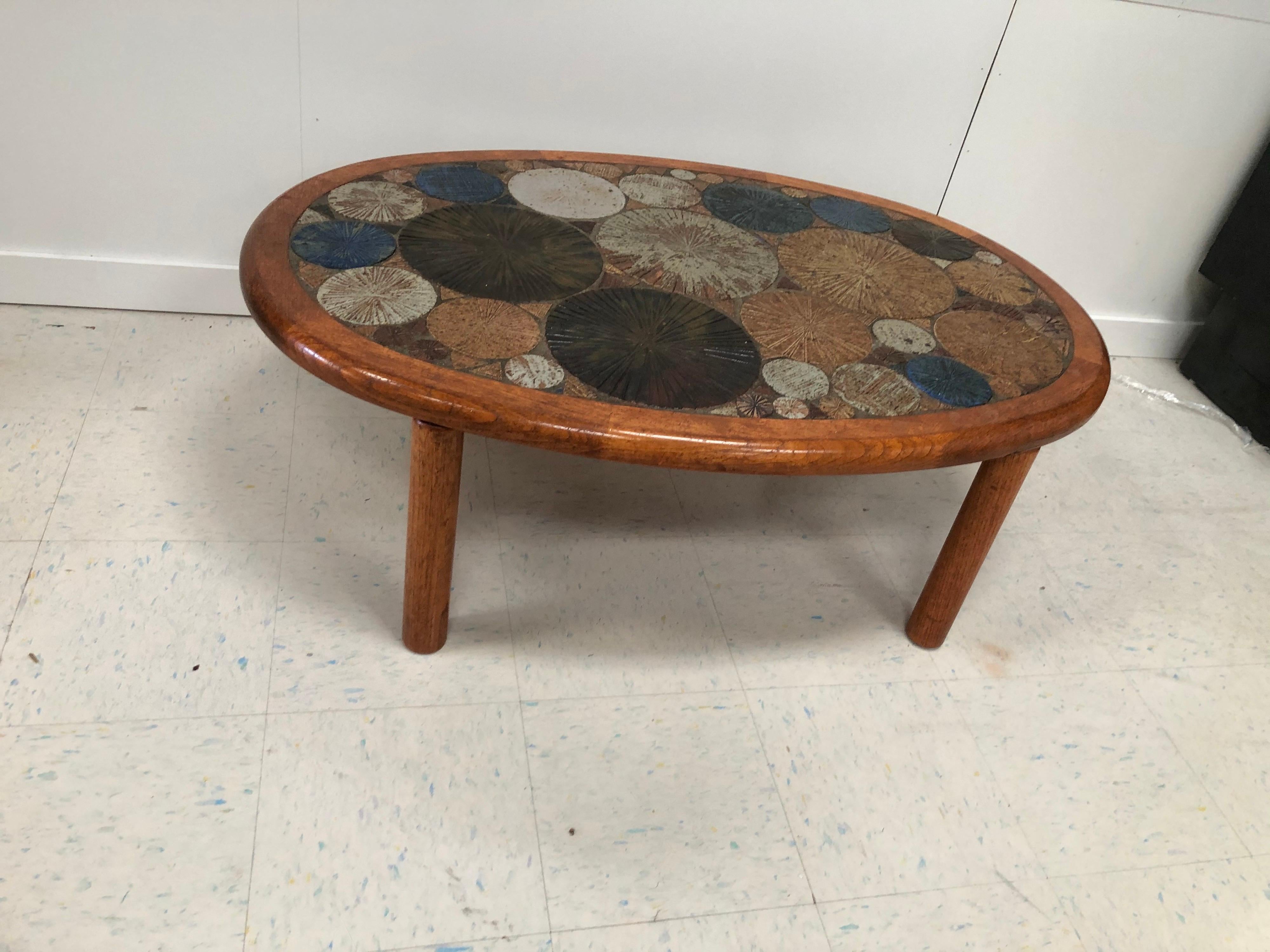 20th Century Tue Poulsen Haslev Denmark Oval Teak and Ceramic Art Coffee Table, 1960s