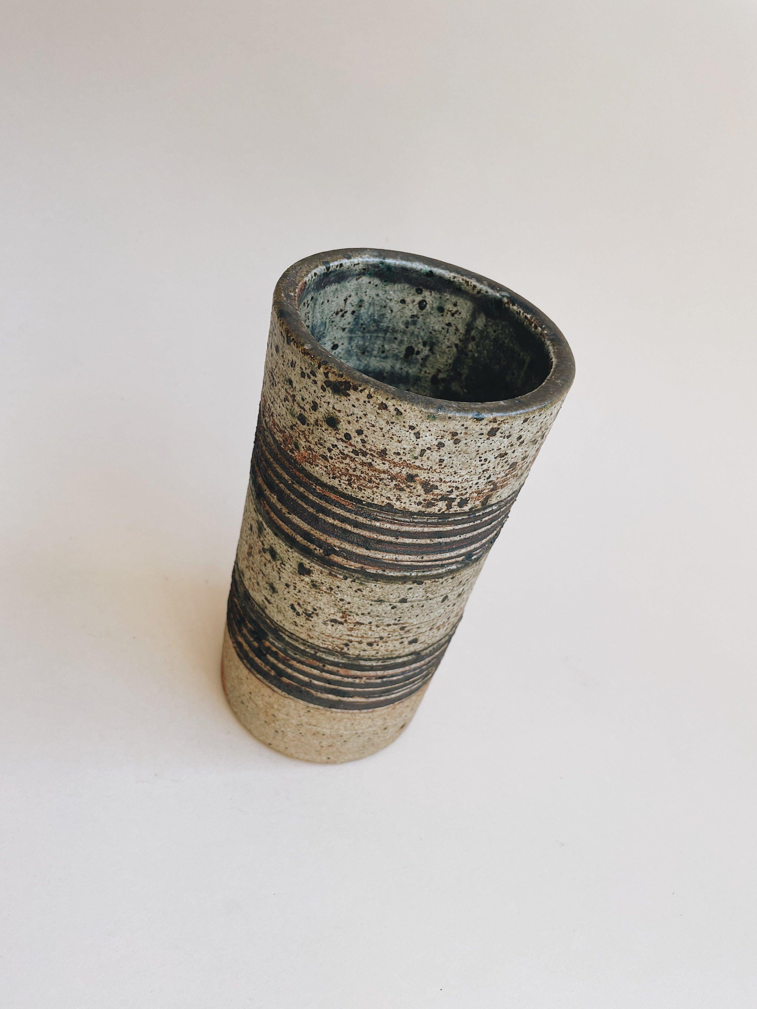 JAPANESE STONEWARE Cylindrical Vase Vintage Rustic Mid Century  9