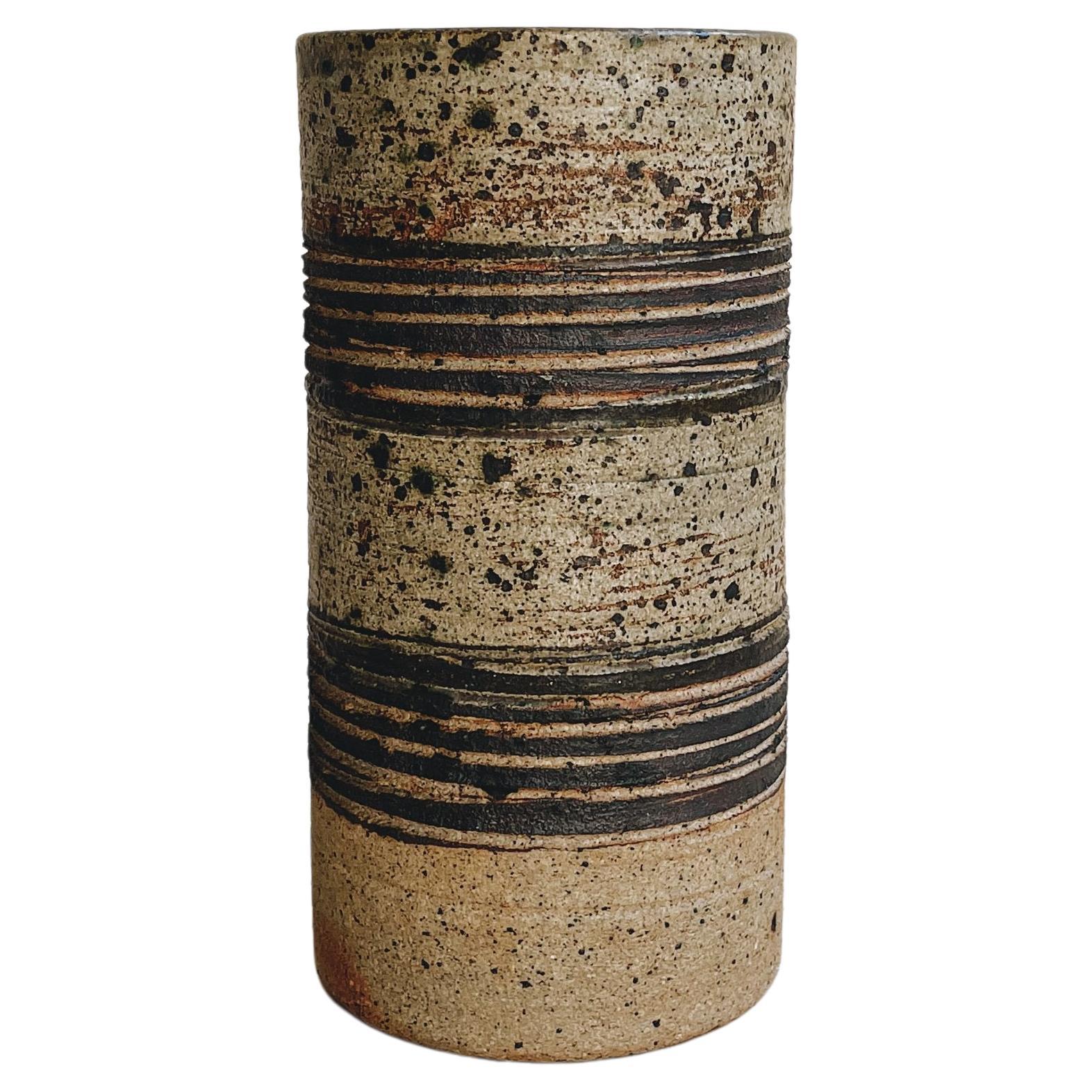 JAPANESE STONEWARE Cylindrical Vase Vintage Rustic Mid Century  9