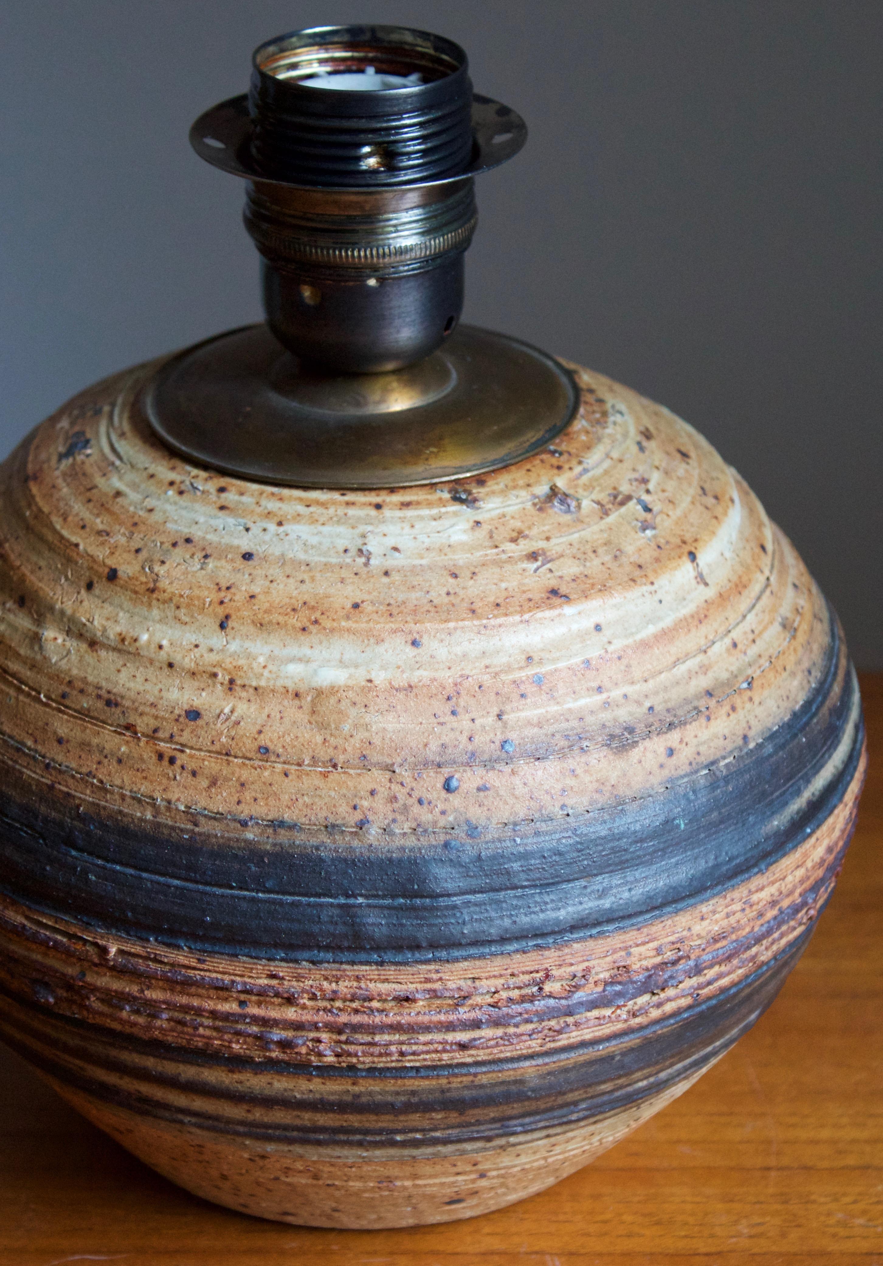 Danish Tue Poulsen, Table Lamp, Painted and Brown Incised Stoneware, Denmark, 1960s