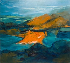 Contemporary abstract landscape oil painting in strong oranges and turquoise