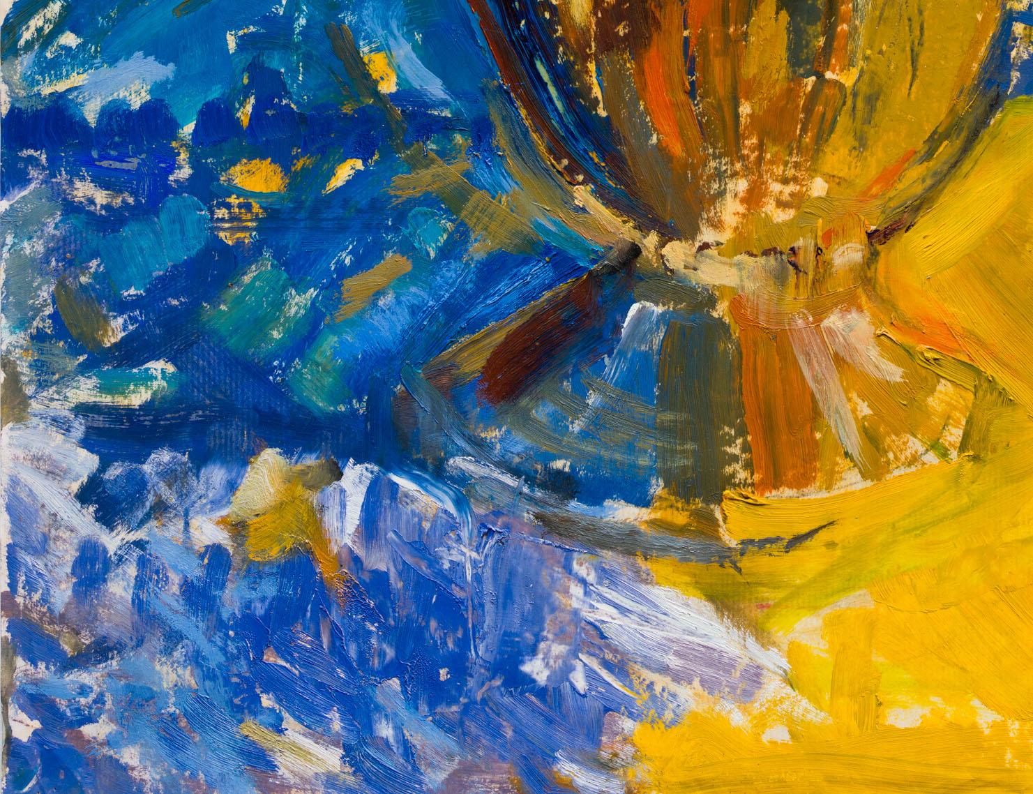 Contemporary still life painting of flowers in a bowl, blues and yellows 2