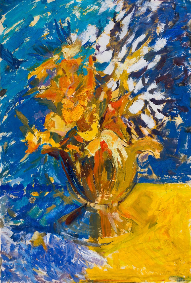 Tuëma Pattie Still-Life Painting - Contemporary still life painting of flowers in a bowl, blues and yellows