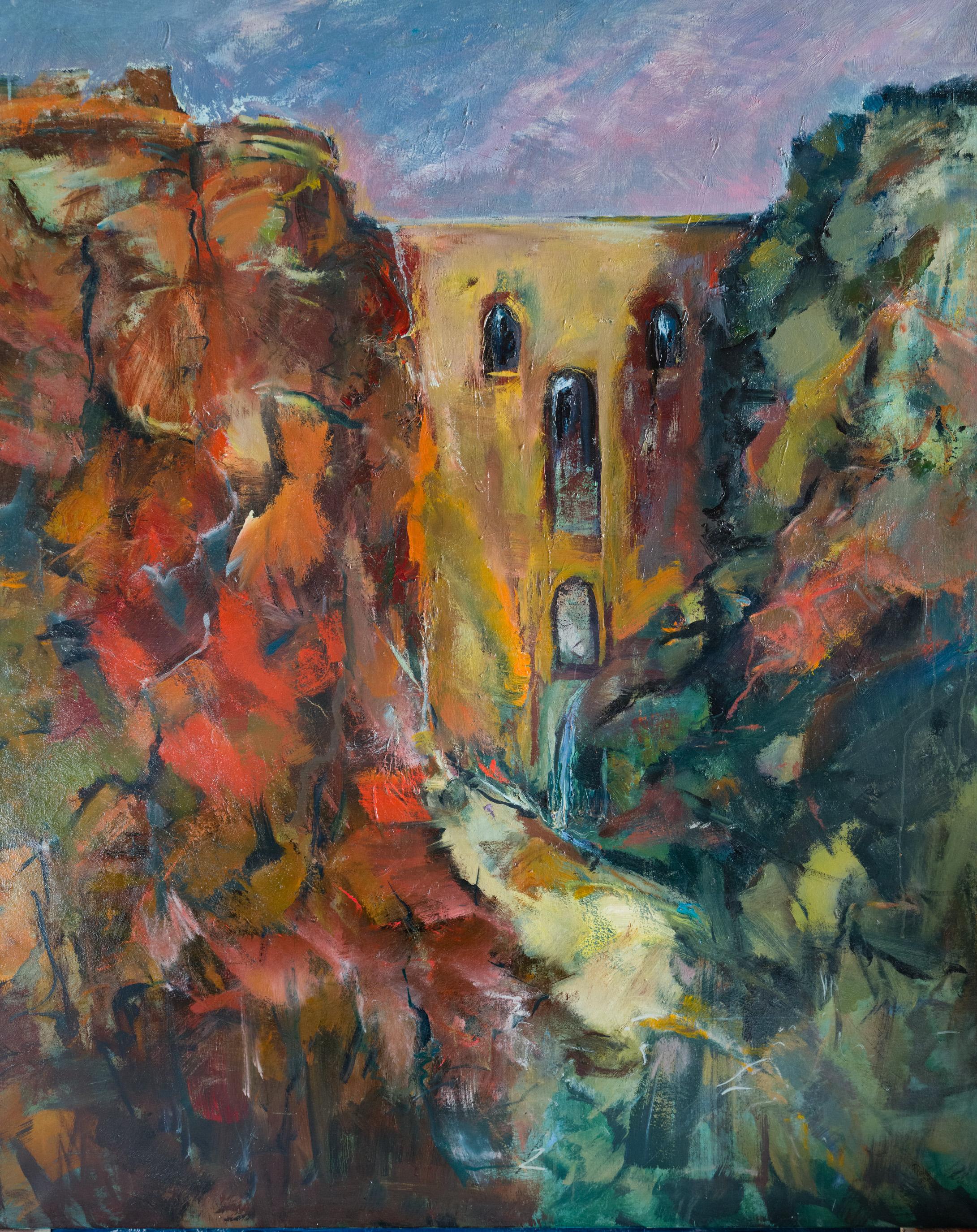 Contemporary bold abstract oil painting of Ronda Spain, strong reds and greens