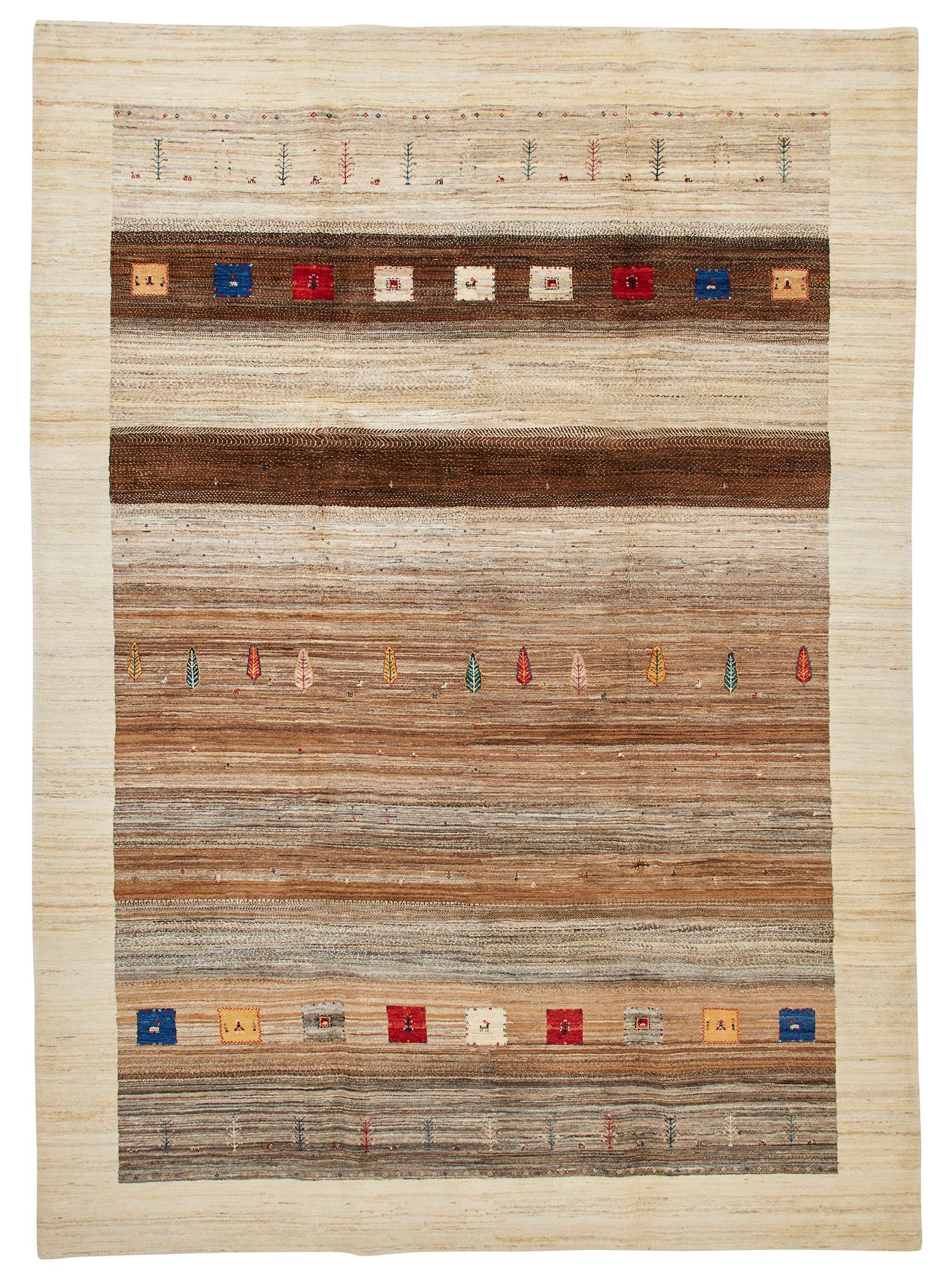 This gabbeh is a hand knotted one-of-a-kind rug. It is woven of 100% Persian wool, in a selection of natural tones with pops of color. This carpet measures 8' 1