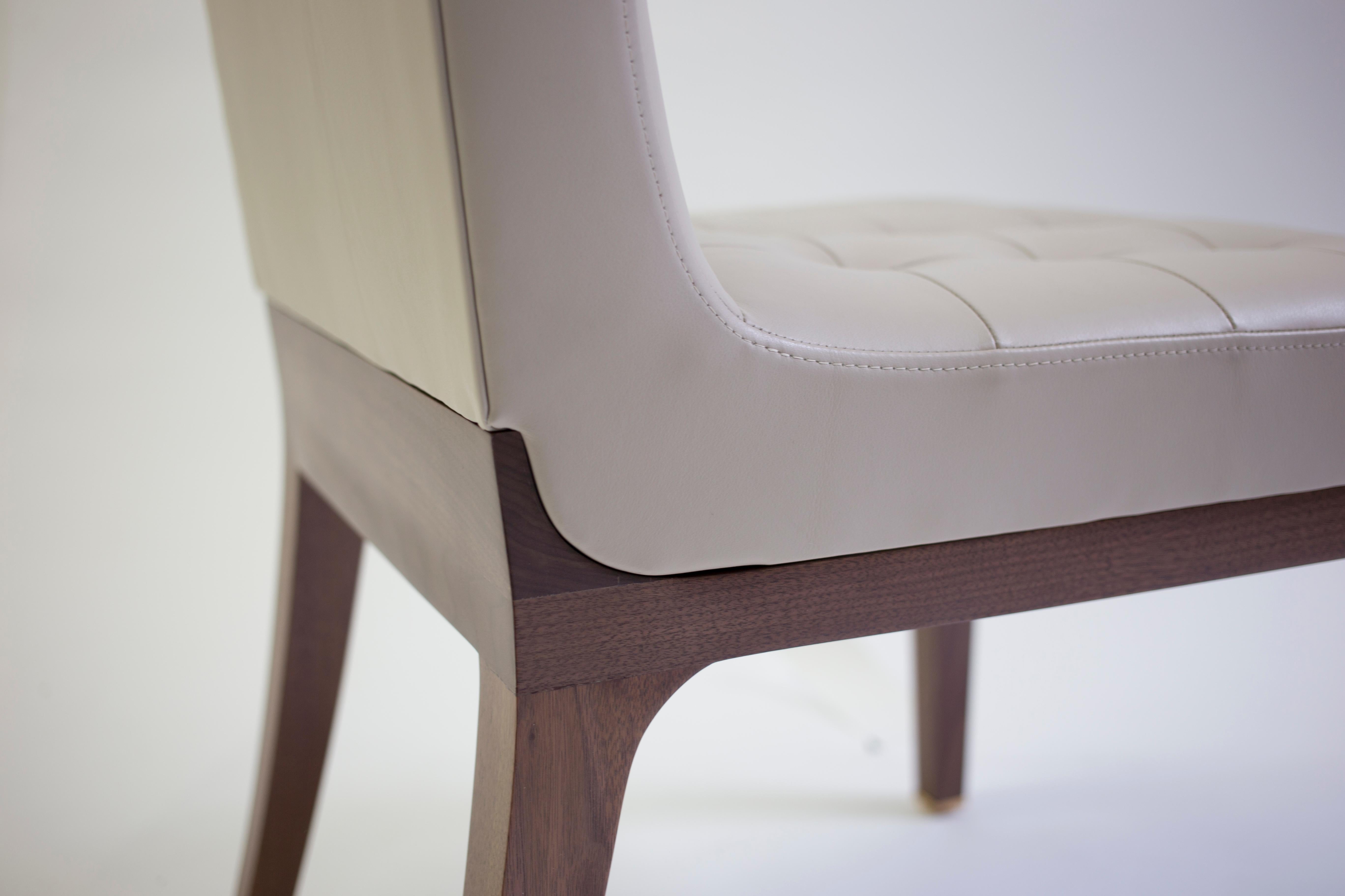 American Tufted and Buttoned Side Chair Covered in Tan Leather with Medium Oak Wood Legs 