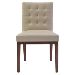 Tufted and Buttoned Side Chair Covered in Tan Leather with Medium Oak Wood Legs 