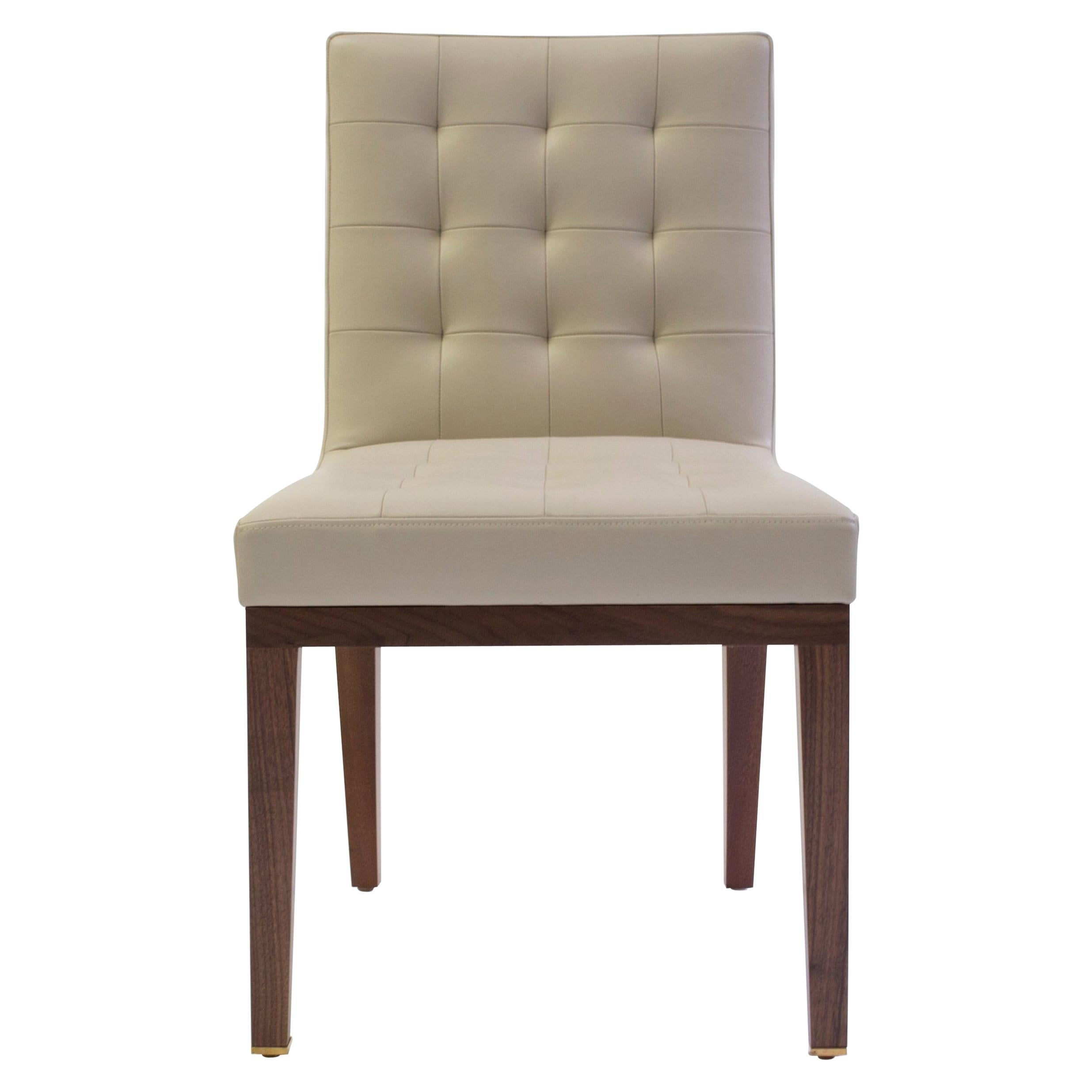 Tufted and Buttoned Side Chair Shown in Tan Leather with Medium Oakwood Legs