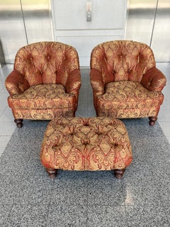 Tufted Arm Chairs & Ottoman in the Style of George Smith - A Set of 3