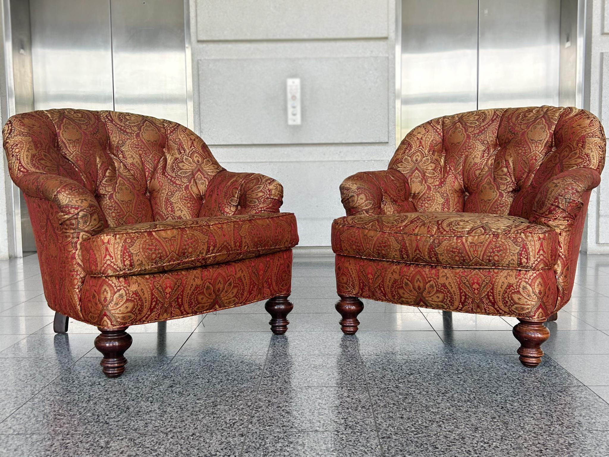 Upholstery Tufted Arm Chairs & Ottoman in the Style of George Smith - A Set of 3 For Sale