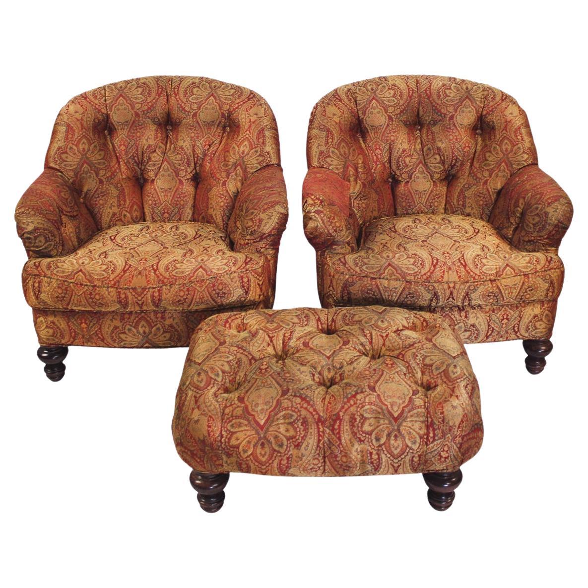 Tufted Arm Chairs & Ottoman in the Style of George Smith - A Set of 3 For Sale
