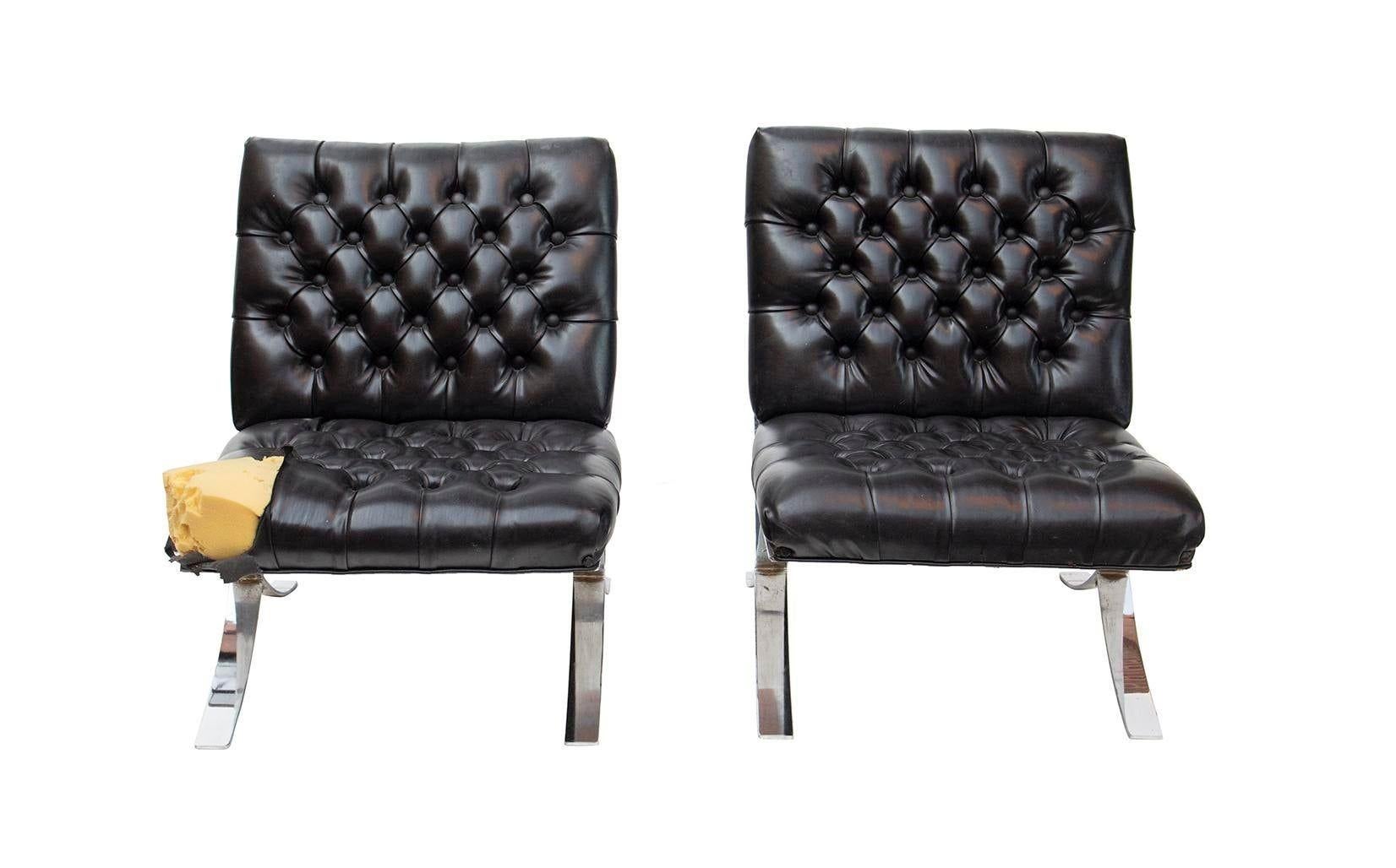 Mid-Century Modern Tufted Barcelona-Style Chairs with Chrome Frames