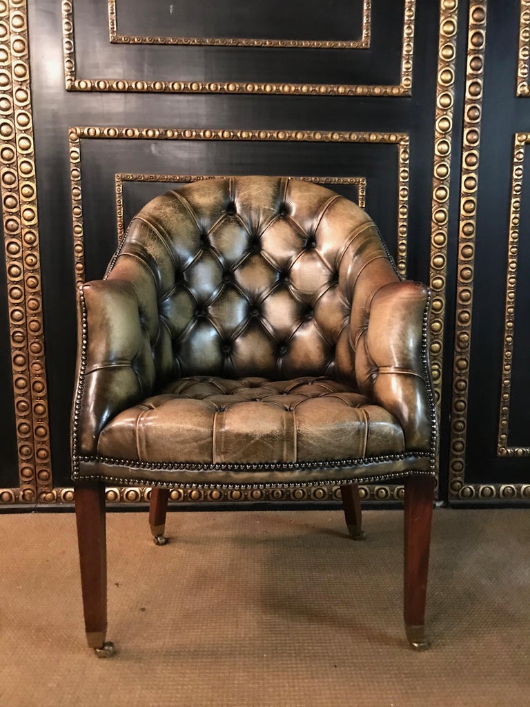 Tufted Barrel Back Desk Chair circa 1920 Vintage Green For Sale at 1stDibs