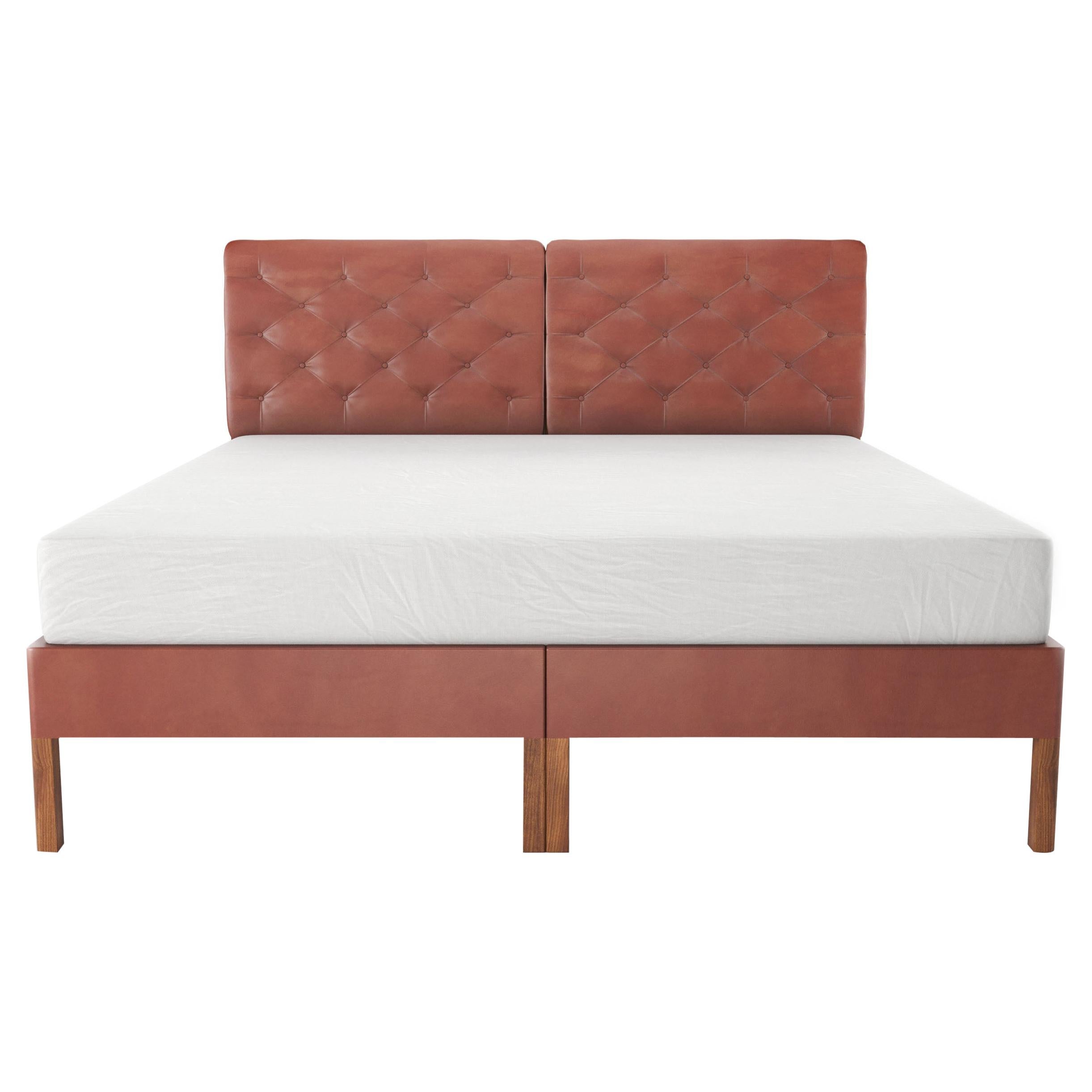 Tufted Bed Shown with Split Headboard on Wood Legs and Covered Rails For Sale