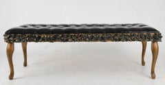 Tufted Bench with Figured Polychromed Base and Patent Leather Cover