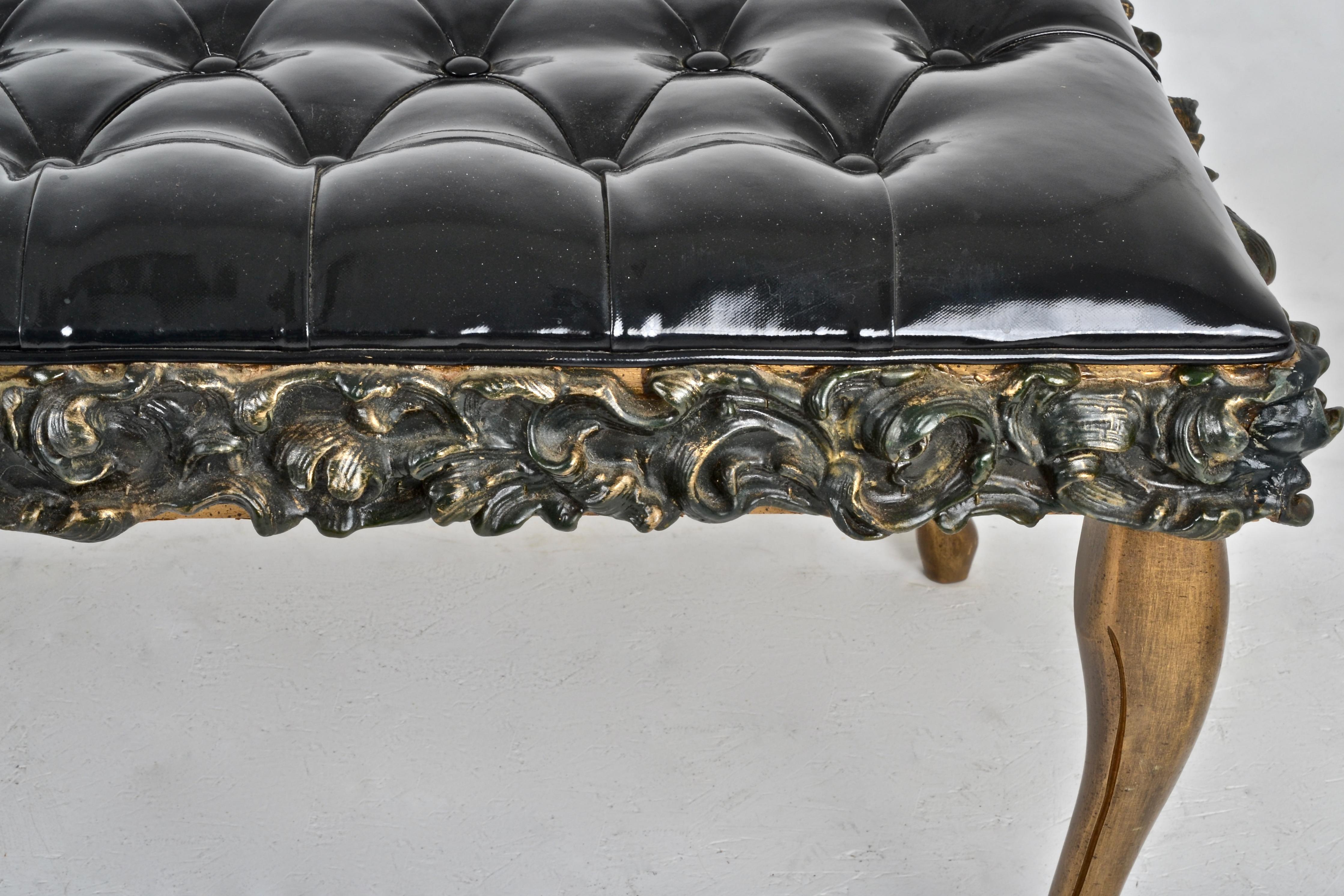 Tufted Bench with Figured Polychromed Base and Patent Leather Cover 1