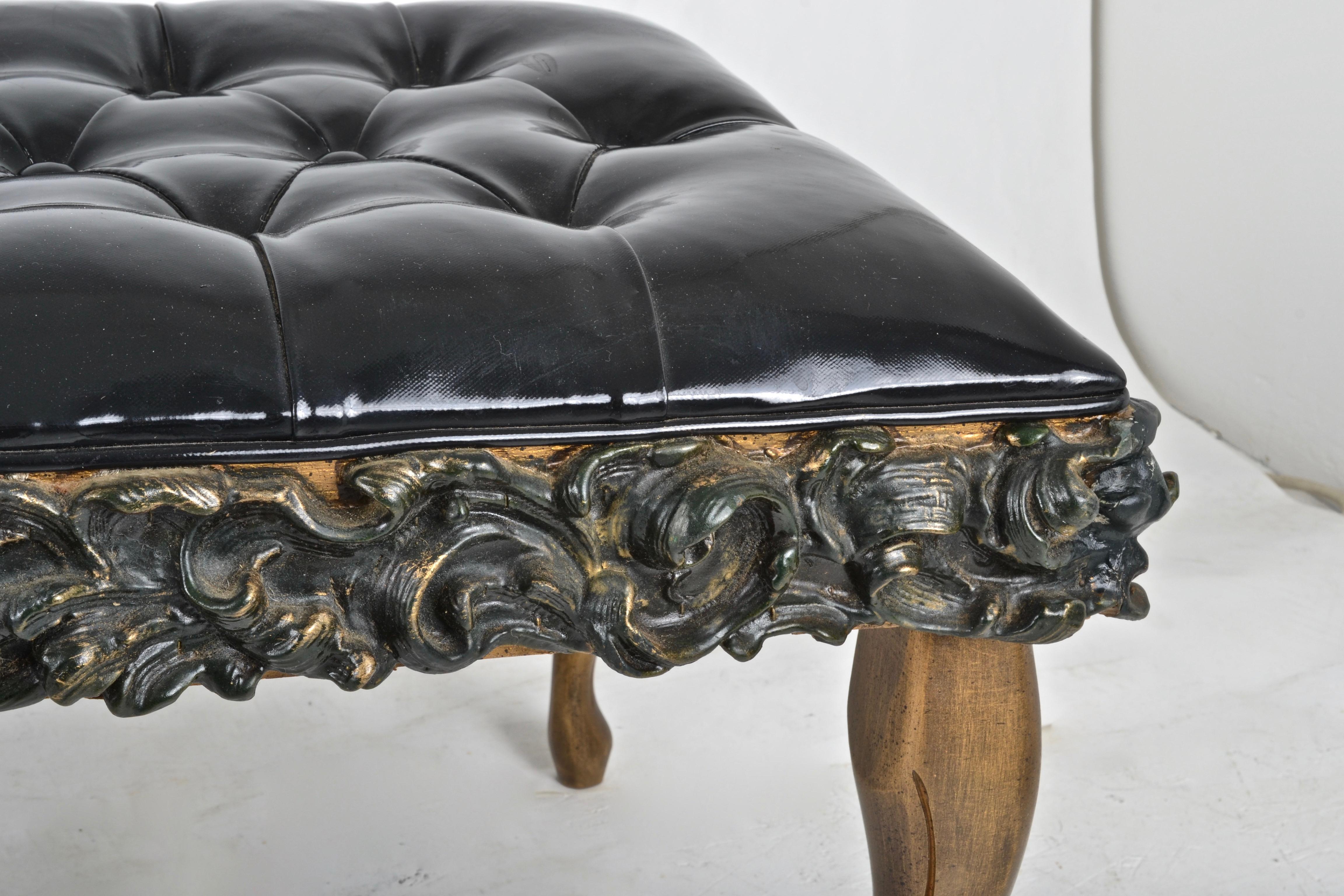 Tufted Bench with Figured Polychromed Base and Patent Leather Cover 2