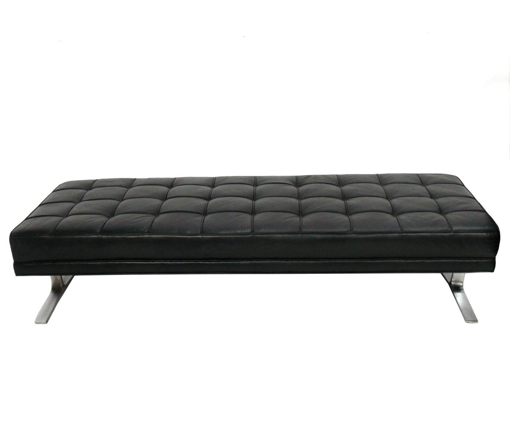 Mid-Century Modern Tufted Black Leather and Satin Chrome Leg Bench attributed to Nicos Zographos For Sale