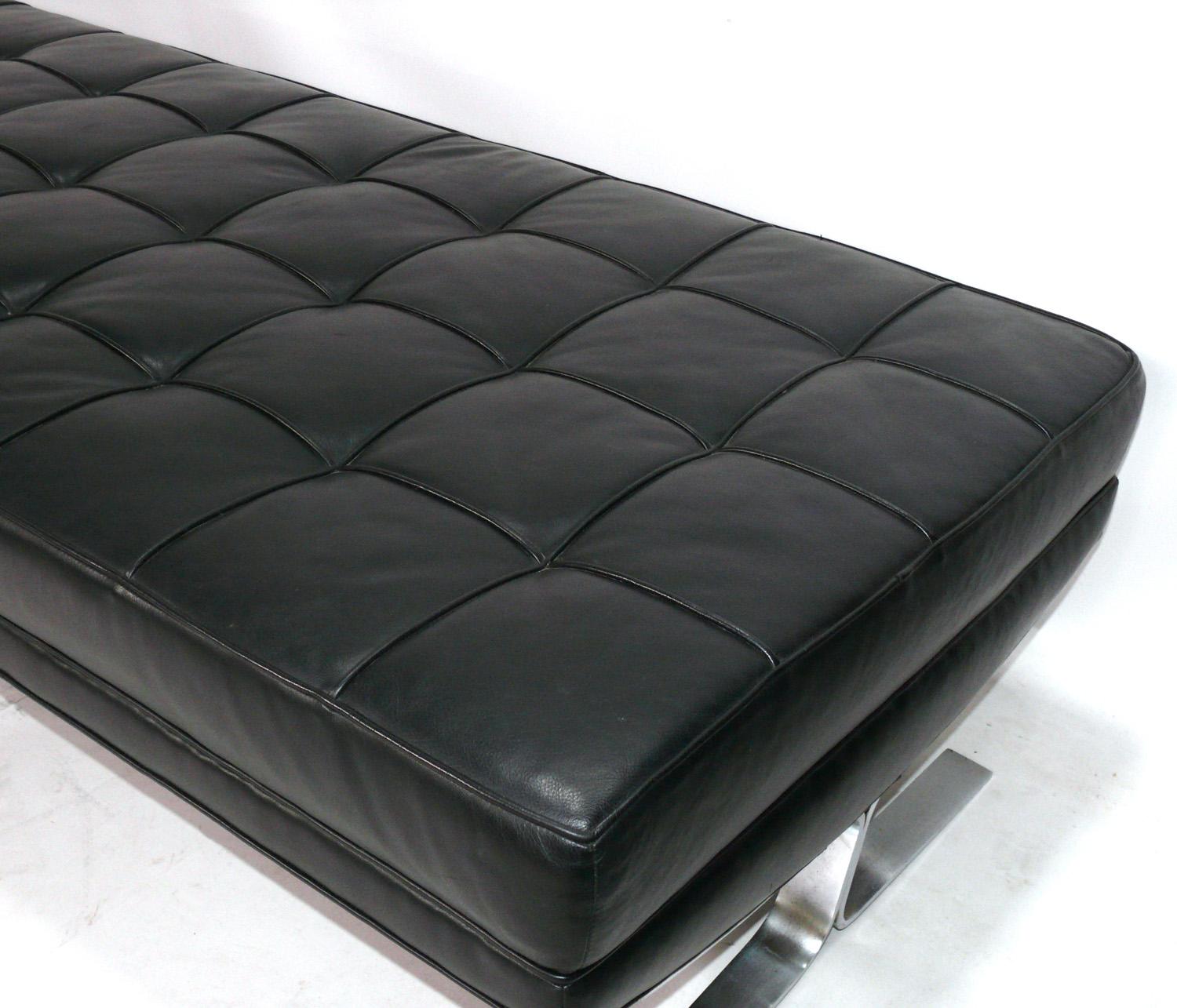 Tufted Black Leather and Satin Chrome Leg Bench attributed to Nicos Zographos In Good Condition For Sale In Atlanta, GA