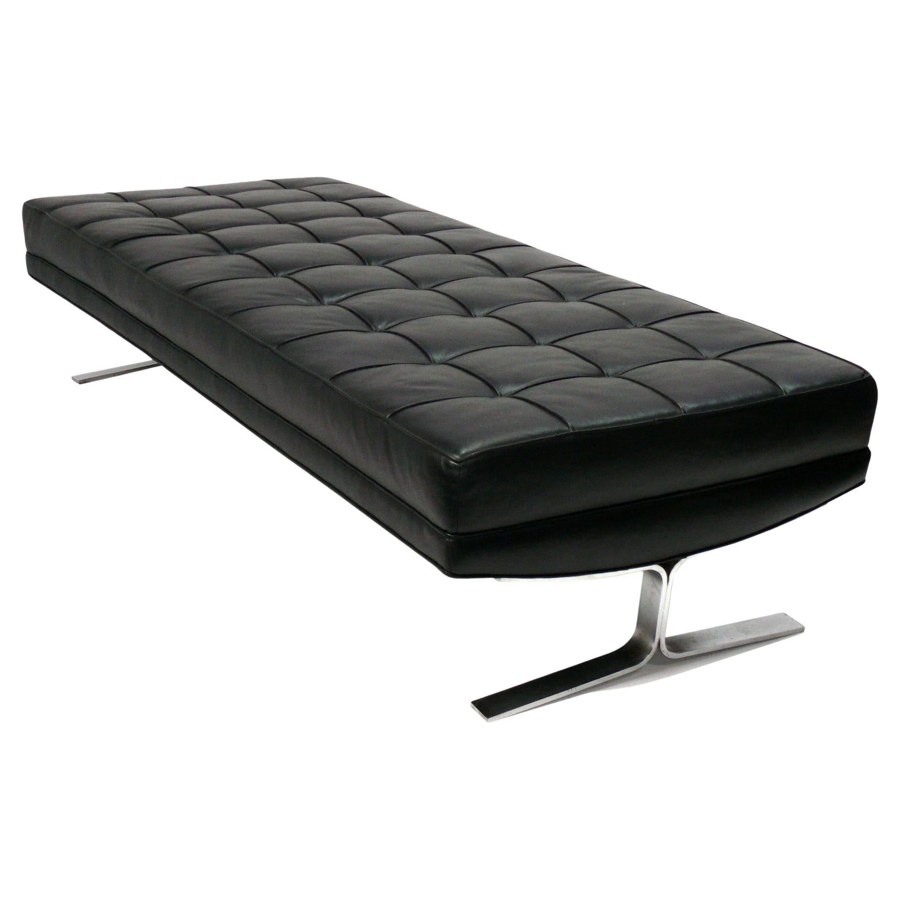 Tufted Black Leather and Satin Chrome Leg Bench attributed to Nicos Zographos For Sale