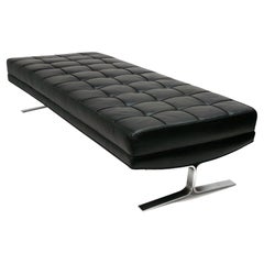 Vintage Tufted Black Leather and Satin Chrome Leg Bench attributed to Nicos Zographos