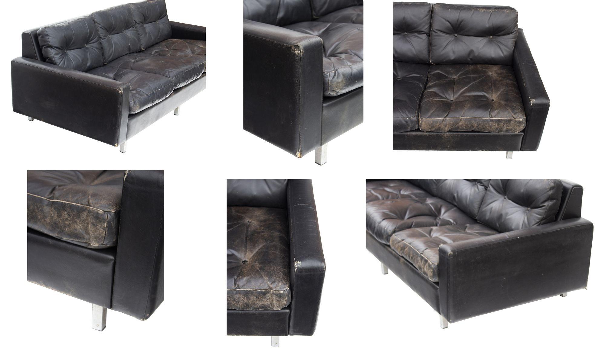Tufted Black Leather Sofa, Imported from Europe in the '60s For Sale 2