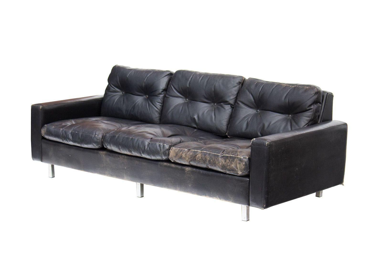 Europe, 1960s
High quality tufted black leather sofa with down filled cushions. Purchased from a design store in Amsterdam in the 1960s and later imported to the US. This is an excellent size- and very comfortable. Heavy and substantial frame. No