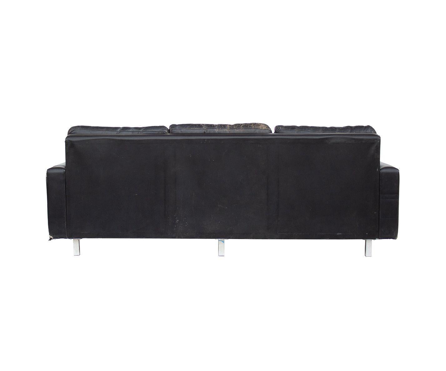 Mid-Century Modern Tufted Black Leather Sofa, Imported from Europe in the '60s For Sale