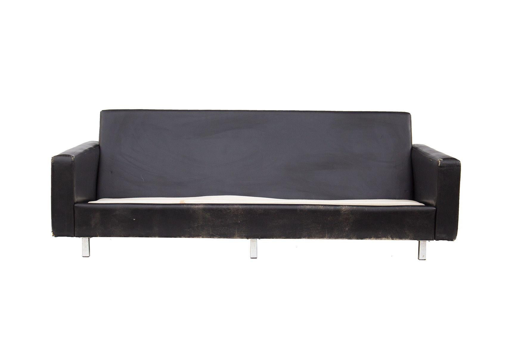 Mid-20th Century Tufted Black Leather Sofa, Imported from Europe in the '60s For Sale