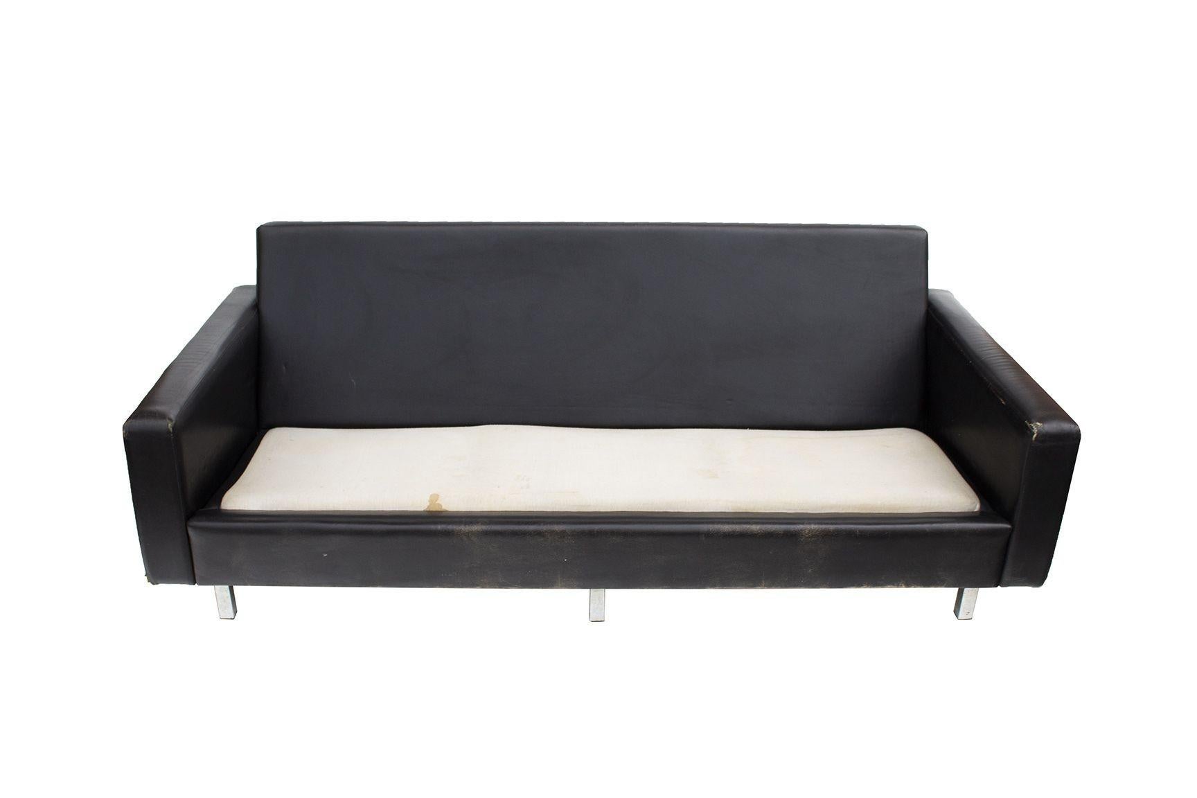Aluminum Tufted Black Leather Sofa, Imported from Europe in the '60s For Sale