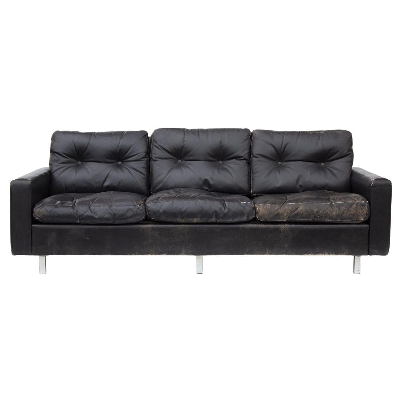 Tufted Black Leather Sofa, Imported from Europe in the '60s For Sale
