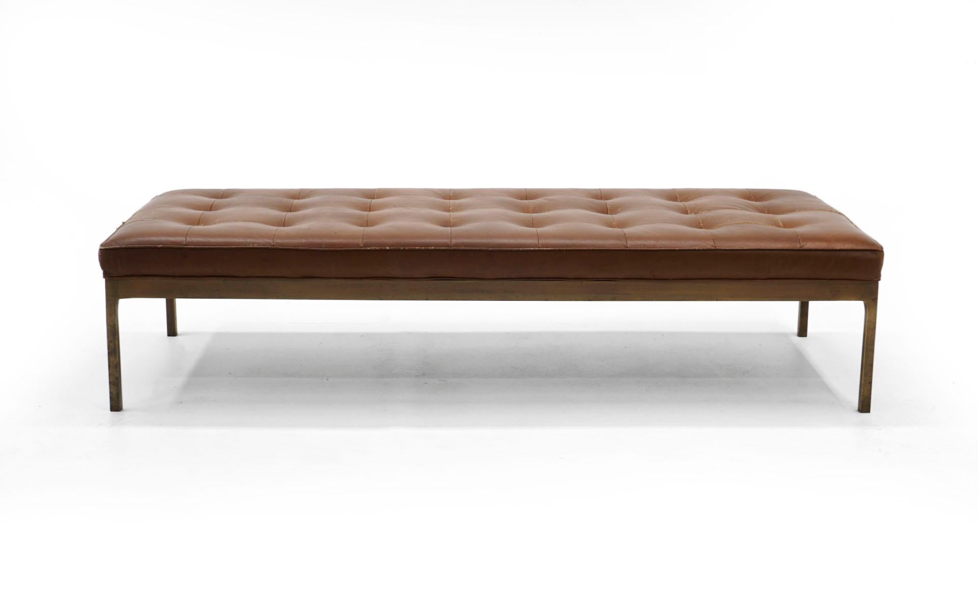 All original bronze frame leather museum bench / daybed designed by Nico Zographos. Beautifully patinated solid bronze frame with the original brown leather in good condition with no tears or holes. We had the bench refoamed so it sits like new.
