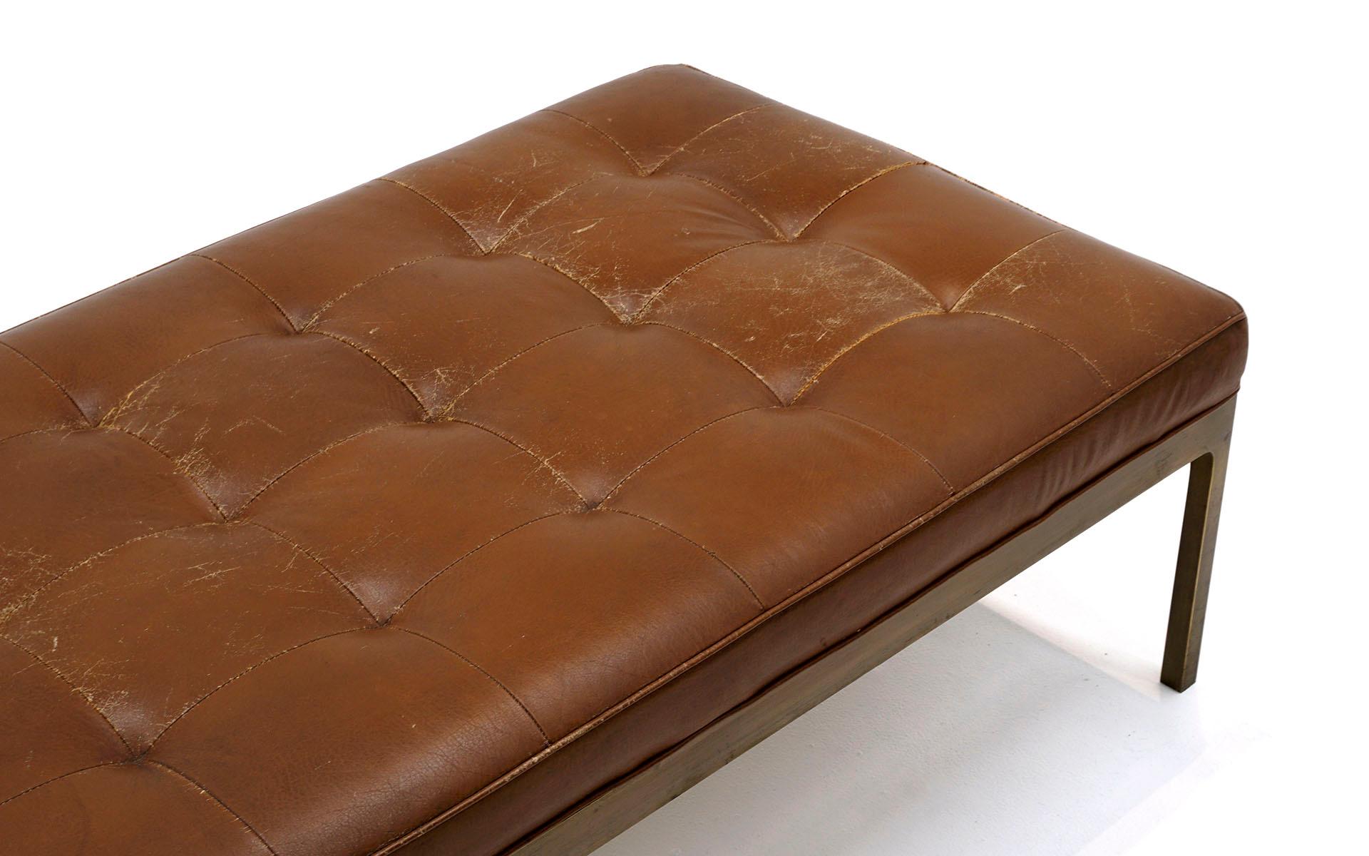 Mid-Century Modern Tufted Brown Leather Bench with Solid Bronze Frame by Nico Zographos, Signed