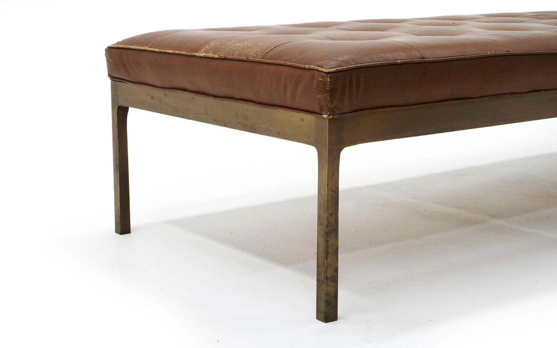 Tufted Brown Leather Bench with Solid Bronze Frame by Nico Zographos, Signed In Good Condition In Kansas City, MO